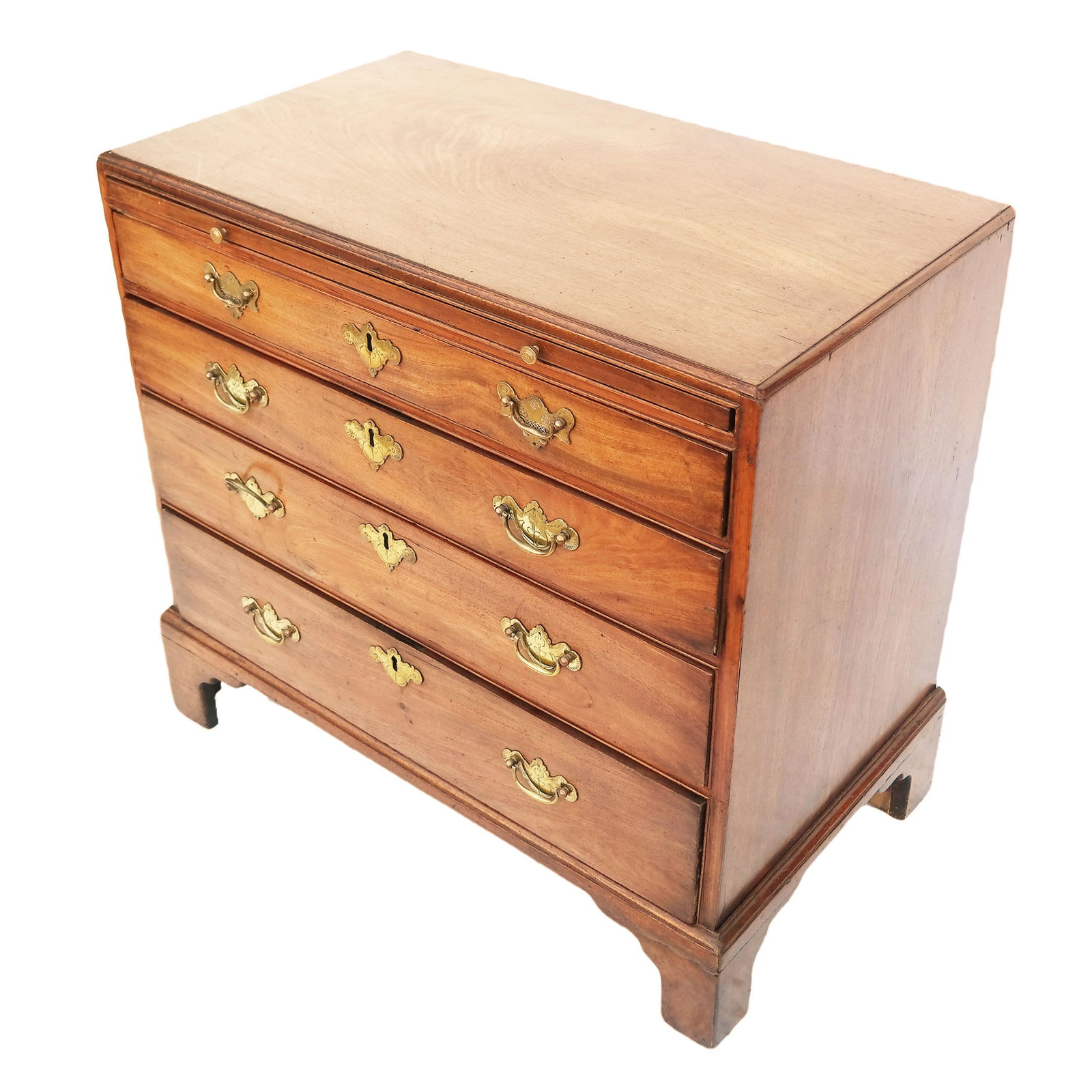 George III Mahogany Chest of Drawers: George III mahogany chest of drawers, circa 1765, rectangular, with a brushing slide over four drawers, on bracket feet. [30" H x 32" W x 18" D].