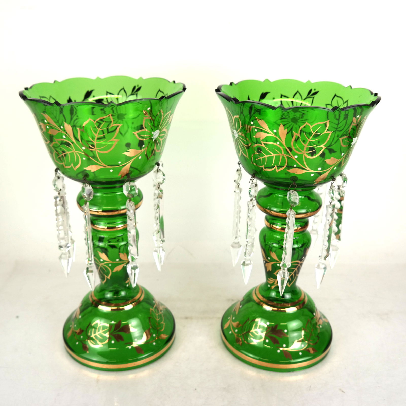 Pair Bohemian-Style Green Glass Lusters (1 of 6)