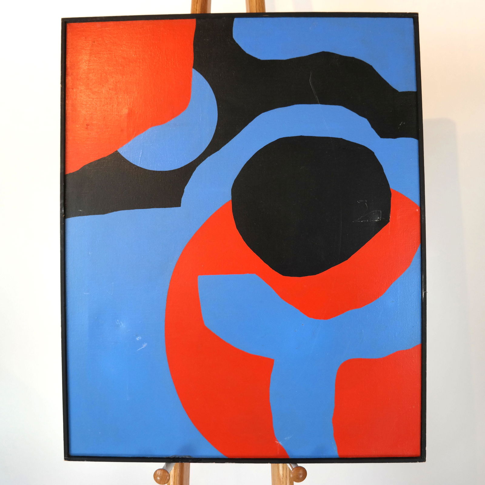 P. GALLMAN: "Exodus," Oil Painting: Oil on canvas abstract composition in red and black on blue ground titled "Exodus." Signed on verso and dated 1970. [Art: 24" H x 30" W; Frame: 24 1/2" H x 30 1/2" W.] In good condition.