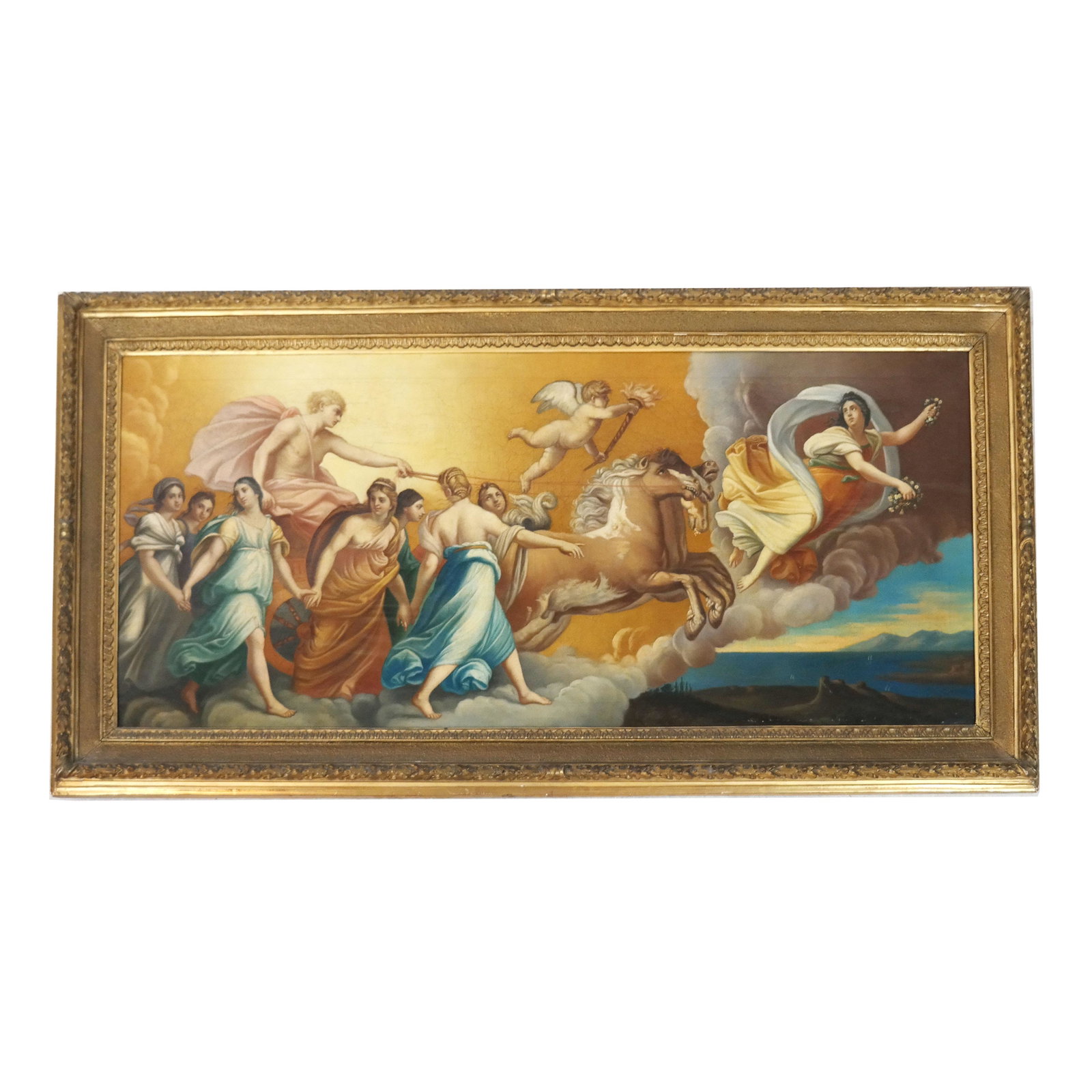 "L'Aurore" after Guido Reni - Painting: Oil on canvas painting after "The Aurora", Guido Reni's allegorical masterpiece originally painted in 1614 for a house adjacent to the Palazzo Pallavicini Rospigliosi in Rome. [Art: 18 1/2" H x 43" W;