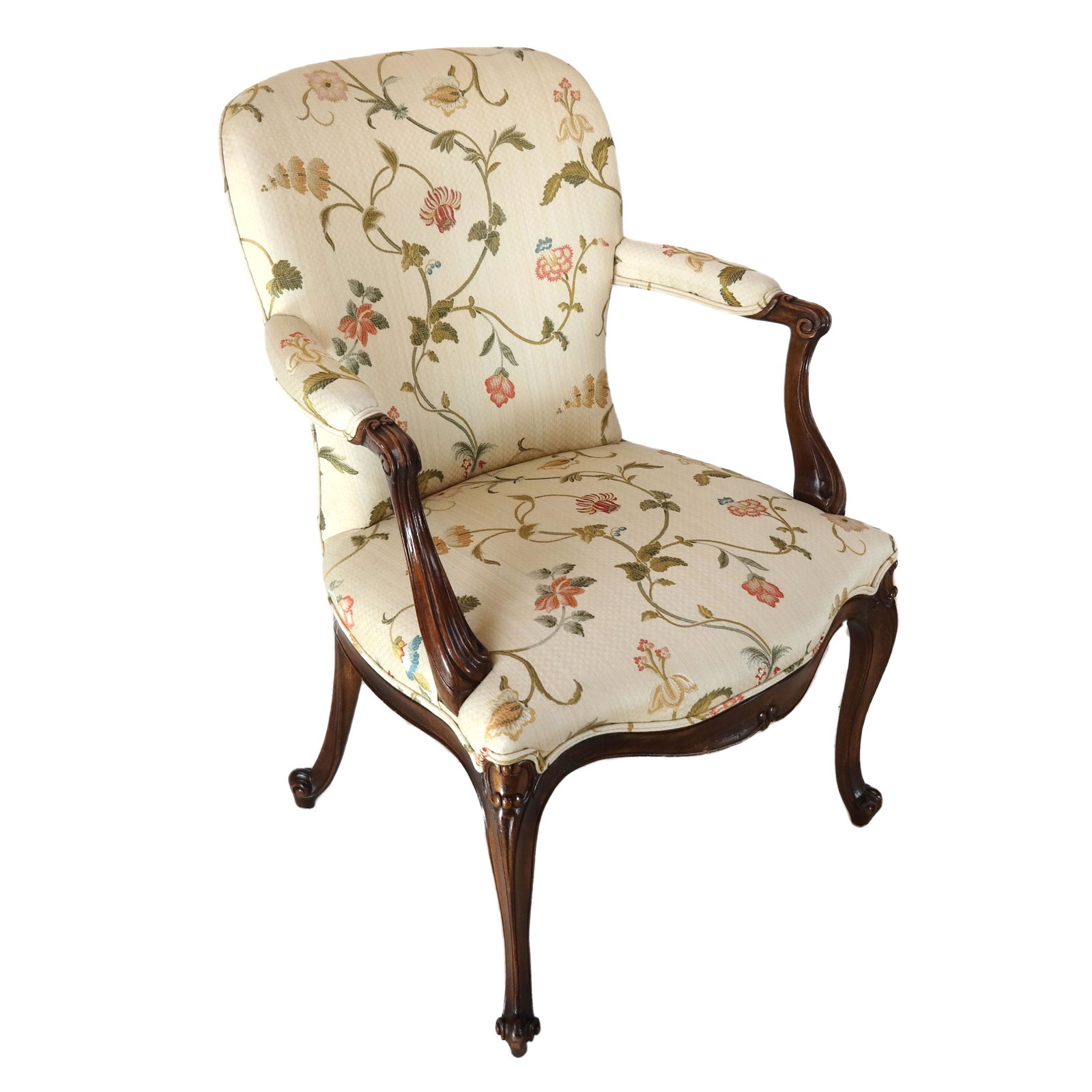 George III Style Floral Upholstered Armchair: 20th C. George III style floral upholstered armchair, walnut with cabriole legs in the French style. In good condition. [38" x 26" x 32"; 18" to seat].