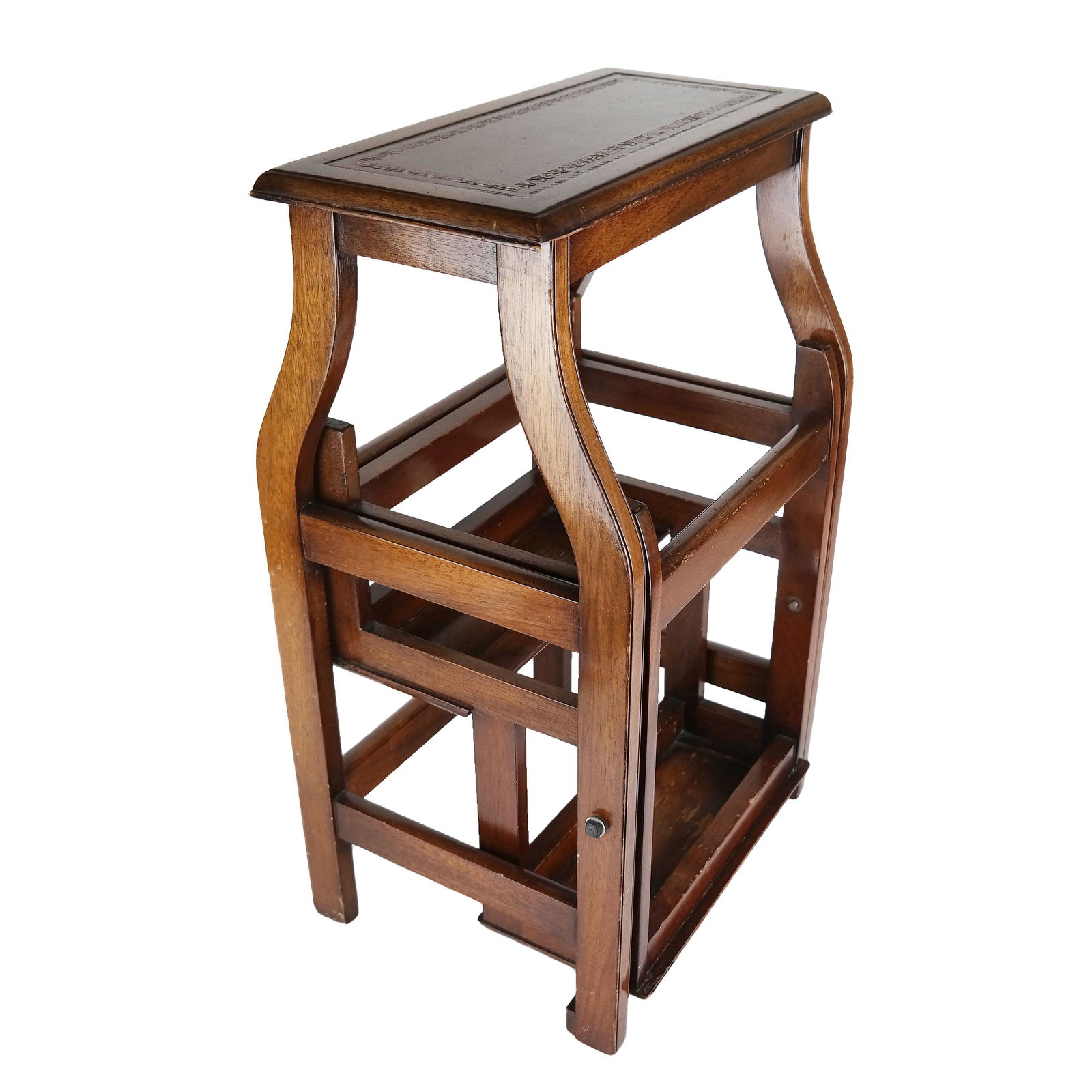 English Style Library Step Ladder: English fold leather-top step ladder. [24 1/2" H x 13 3/4" L x 21 1/2" D; 24 1/2" H x 13 3/4" L x 11" D]. Good condition.