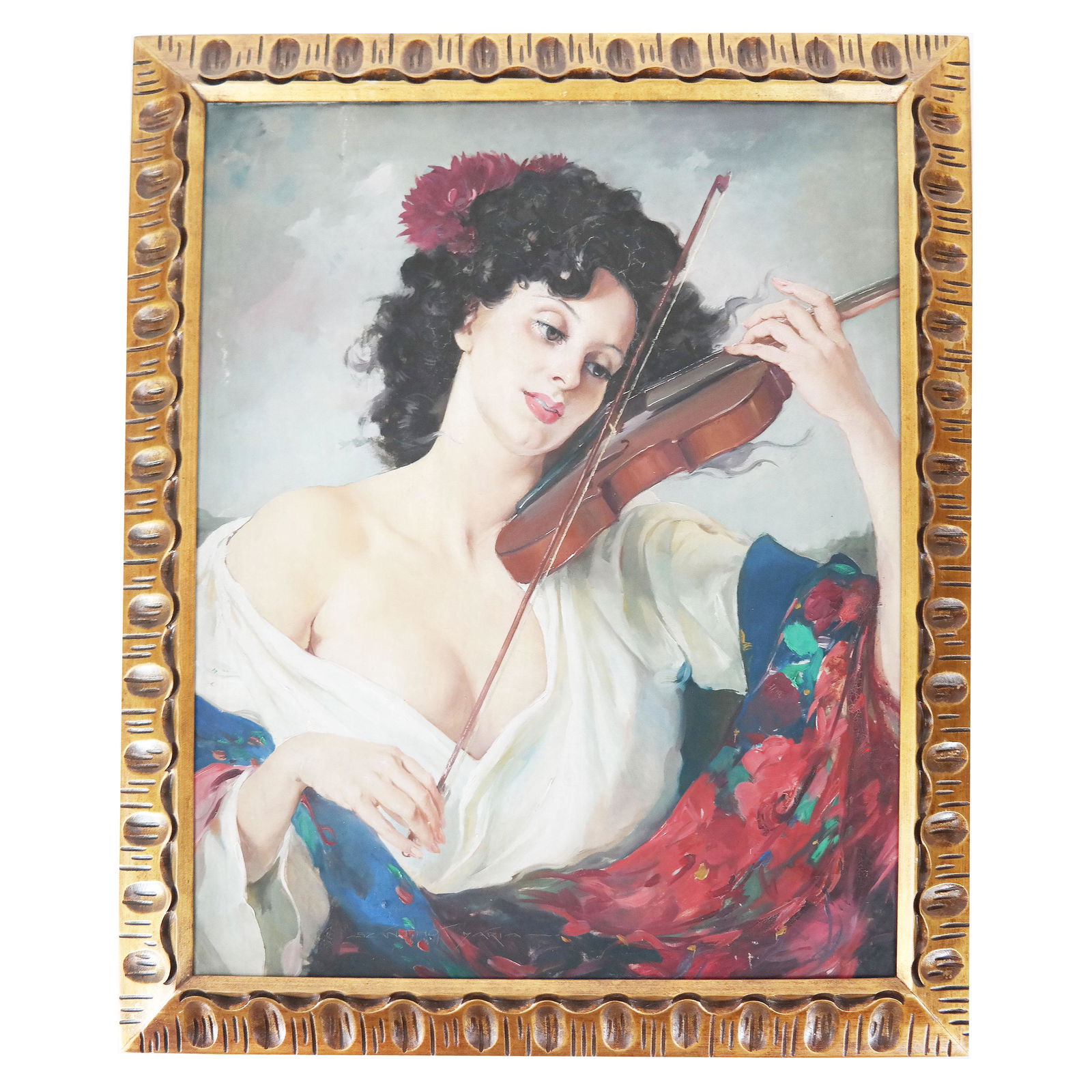 Maria SZANTHO: Gypsy Fiddler - Painting: Oil painting on canvas of a gypsy woman playing a fiddle, signed, by Maria Szantho (Hungarian, 1897-1998). [Art: 27" H x 33" W; Frame: 39" H x 33" W]. Craquelure; paint loss upper left quadrant, other