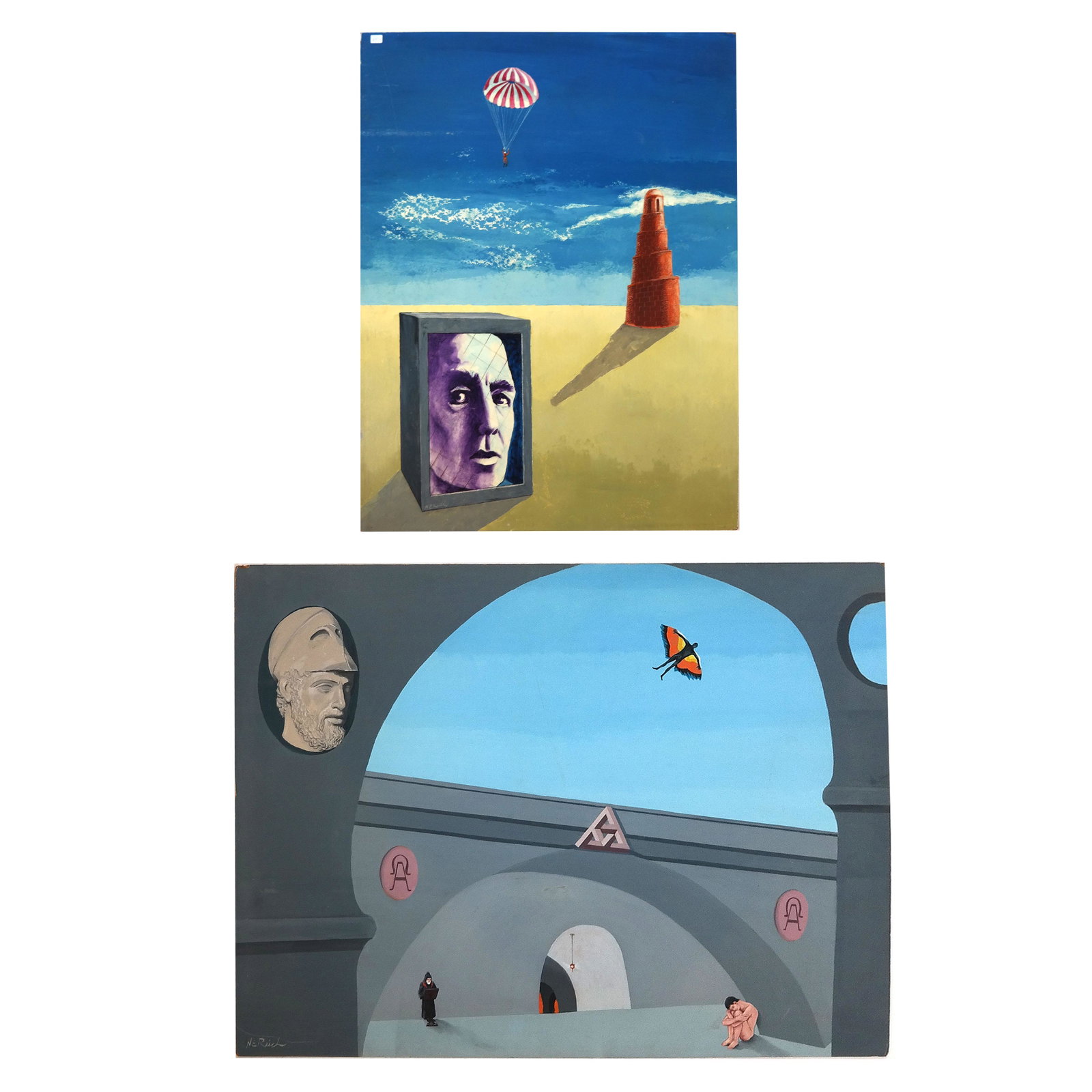 Nathan REICHS: Two Surrealist Paintings on Masonite: Two surrealist works on masonite, unframed, one titled "Time and Space" verso, the other signed "NE Reich", not titled. [30" H x 24" W; 36" H x 48" W]. Each with one chipped corner, otherwise in good 