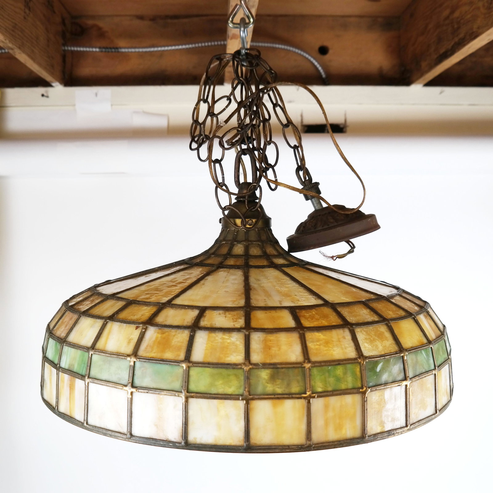 Leaded Glass Shade Fixture: Early 20th century leaded glass shade fixture. [11 1/2" H x 21 1/4" Diam.]. Two large panels damaged.