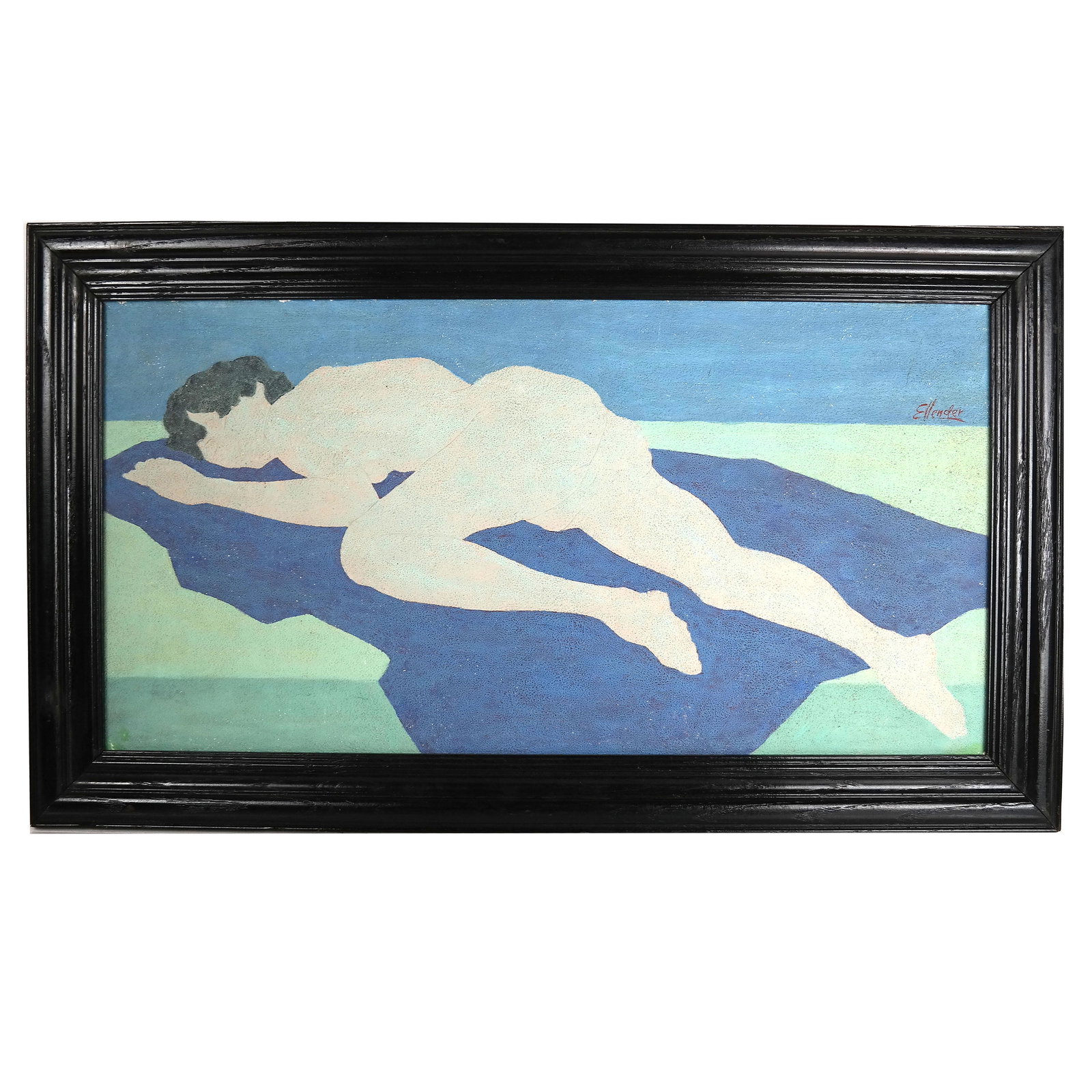 Raphael ELLENDER: Female Nude - Painting: Oil on board painting of a reclining female nude, in light colors. Signed upper right. [Art: 11 1/2" H x 23" W; Frame: 16" H x 27" W]. In good condition.