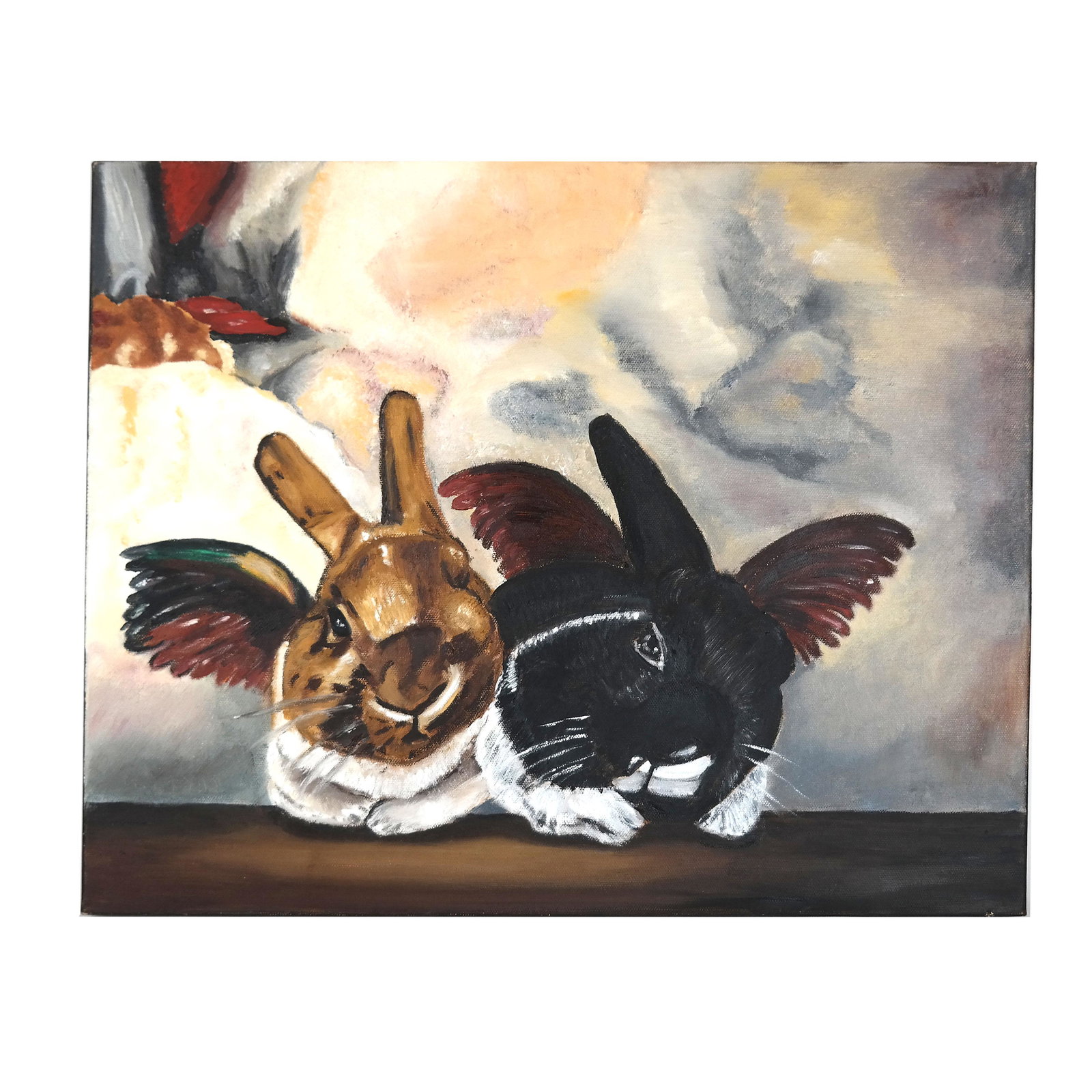 Angel Bunnies After Raphael's Putti - Oil Painting: Oil on canvas, unframed, of bunnies with angel wings, in the manner of Rafael's famous painting of two cherubs; unsigned. [15" H x 20" W]. in good condition.