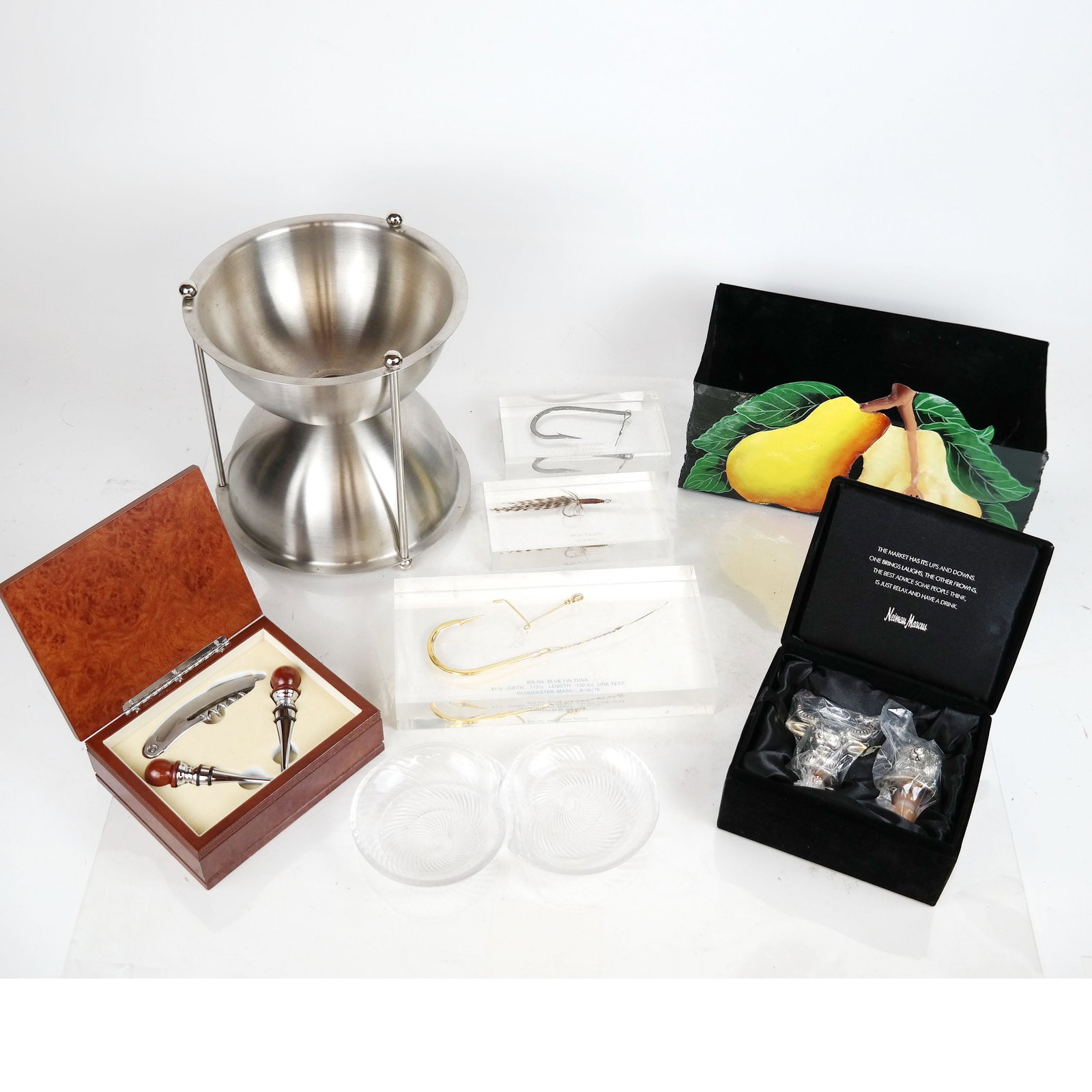 Lot of Assorted Decorative Articles: Lot of assorted decorative articles includes wine spittoon and stoppers, glass, fish hooks, and others.