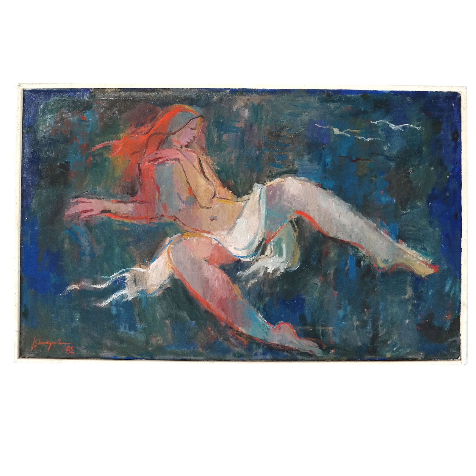 Jules ANGST: Female Nude - Painting: Oil on canvas painting of a reclining female nude, signed lower left, dated 1982. Notations to verso. [Art: 17" H x 29" W; Frame: 18" H x 30" W]. In good condition.