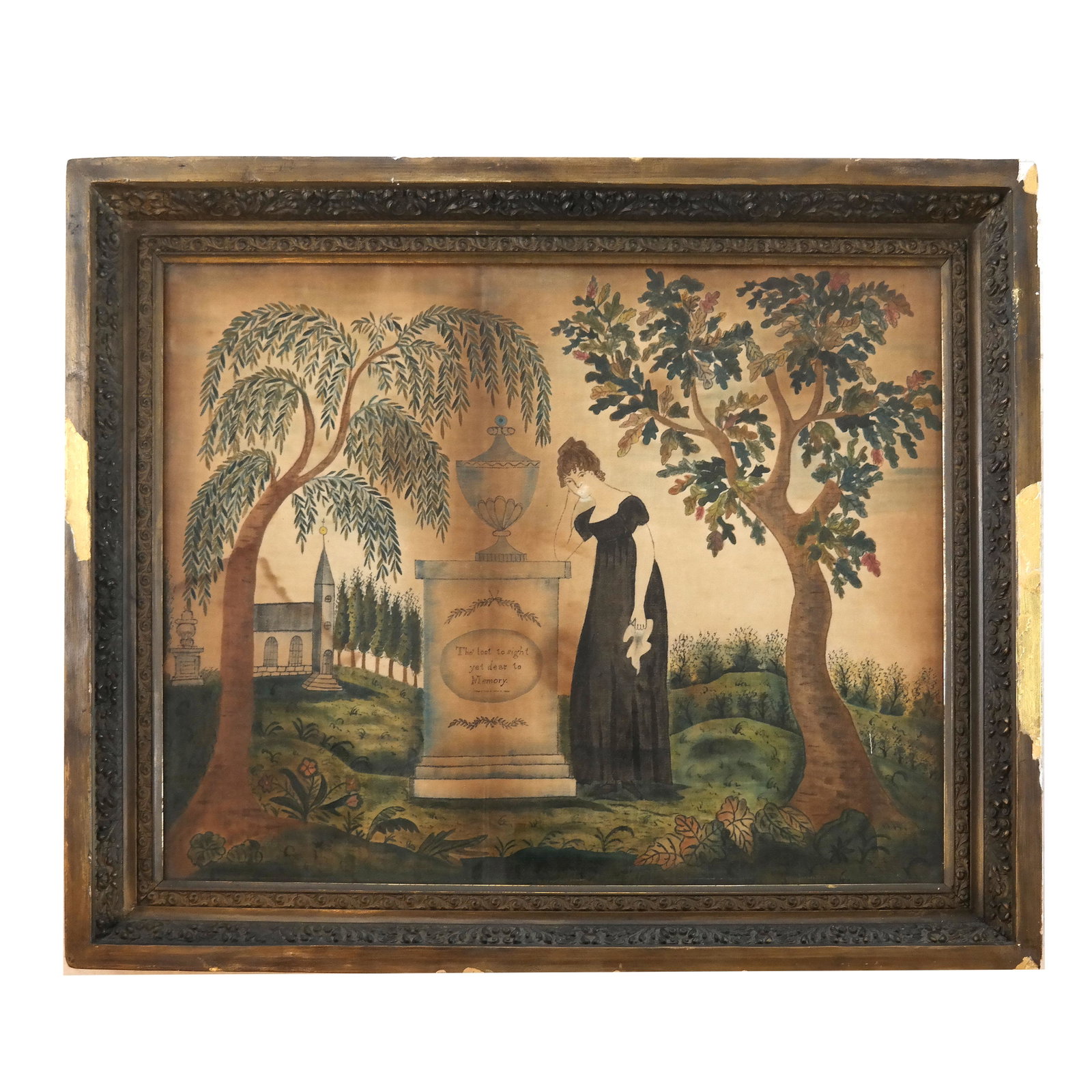 Antique American Painting on Velvet: Colorful painting on velvet of a woman by a funeral urn near a church in a landscape. [Art: 18" H x 23" W; Frame: 23" H x 29" W]. Foxing and water damage.