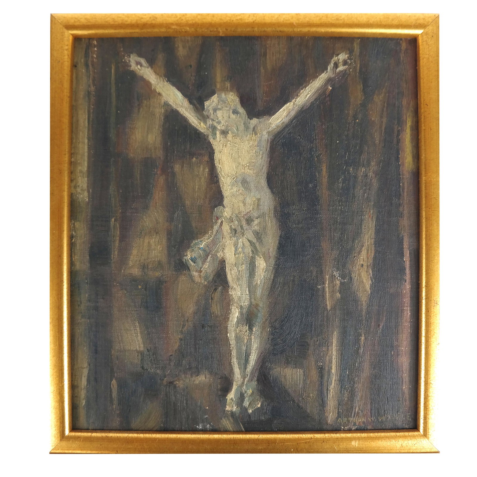 Arthur W. WOELFLE: "The Savior" - Painting: Oil on board image of the Crucifix, signed lower right. Labels on verso, including the Salmagundi Club, signed lower right. [9 1/2"H x 8 1/2" W; Frame: 11" H x 10" W]. Oil on canvas study of a man in 