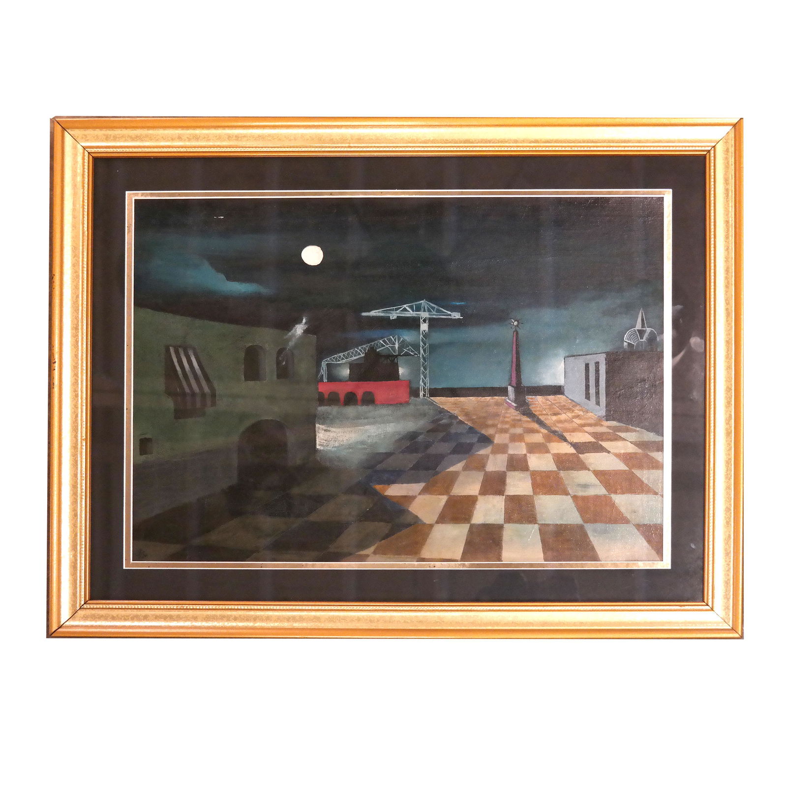 Leonidas MAROULIS: Surrealist Landscape Painting: Surrealist-style landscape depicting a crane, building and obelisk, oil on canvas board, by Leonidas Maroulis. Label verso. [Sight: 14 1/2" H x 20 1/4" W; Frame: 20 1/2" H x 26 1/2" W]. In good condit