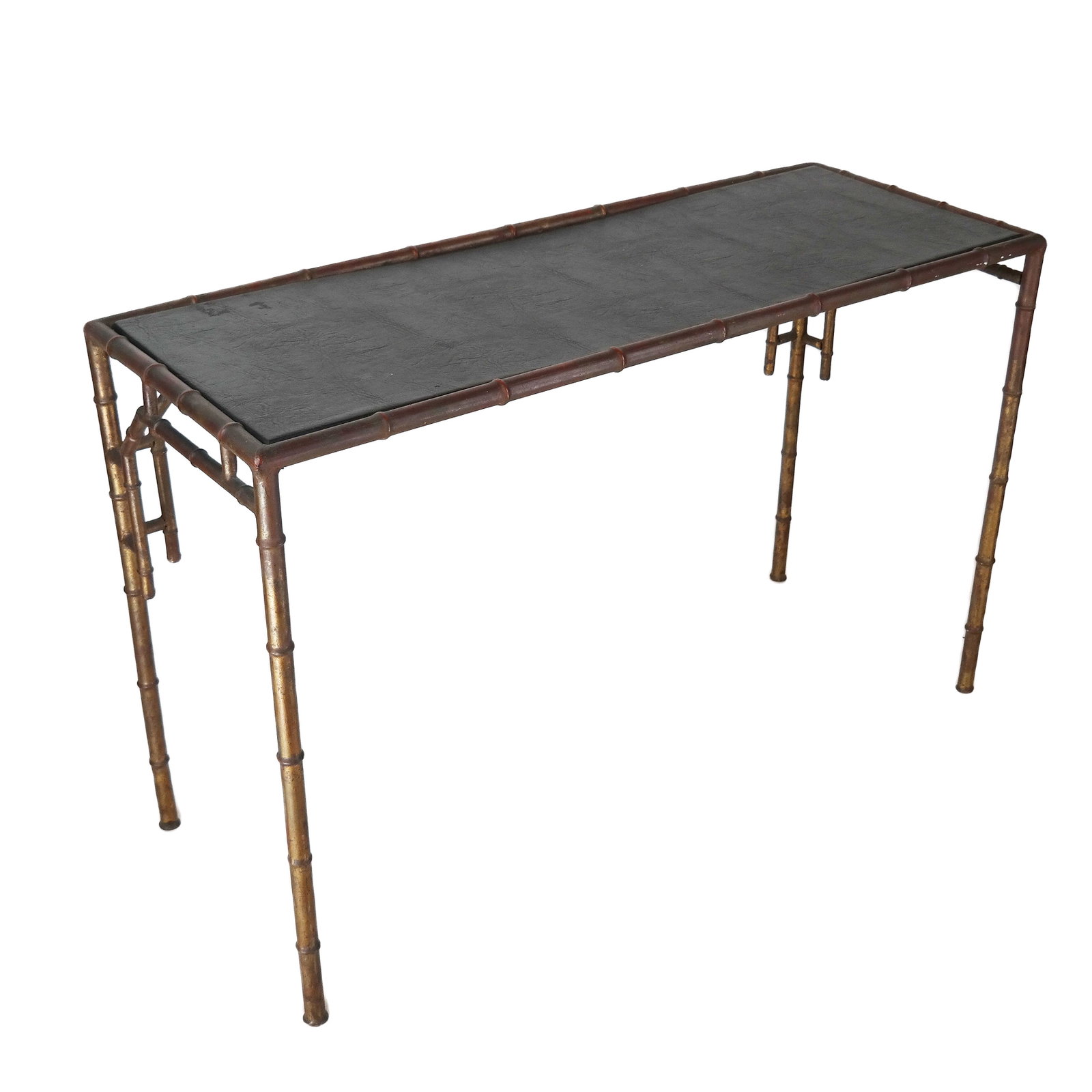 Faux Bamboo, Metal Console: Asian-style open work console, with black panel insert. [30" H x 48" W x 12" D].