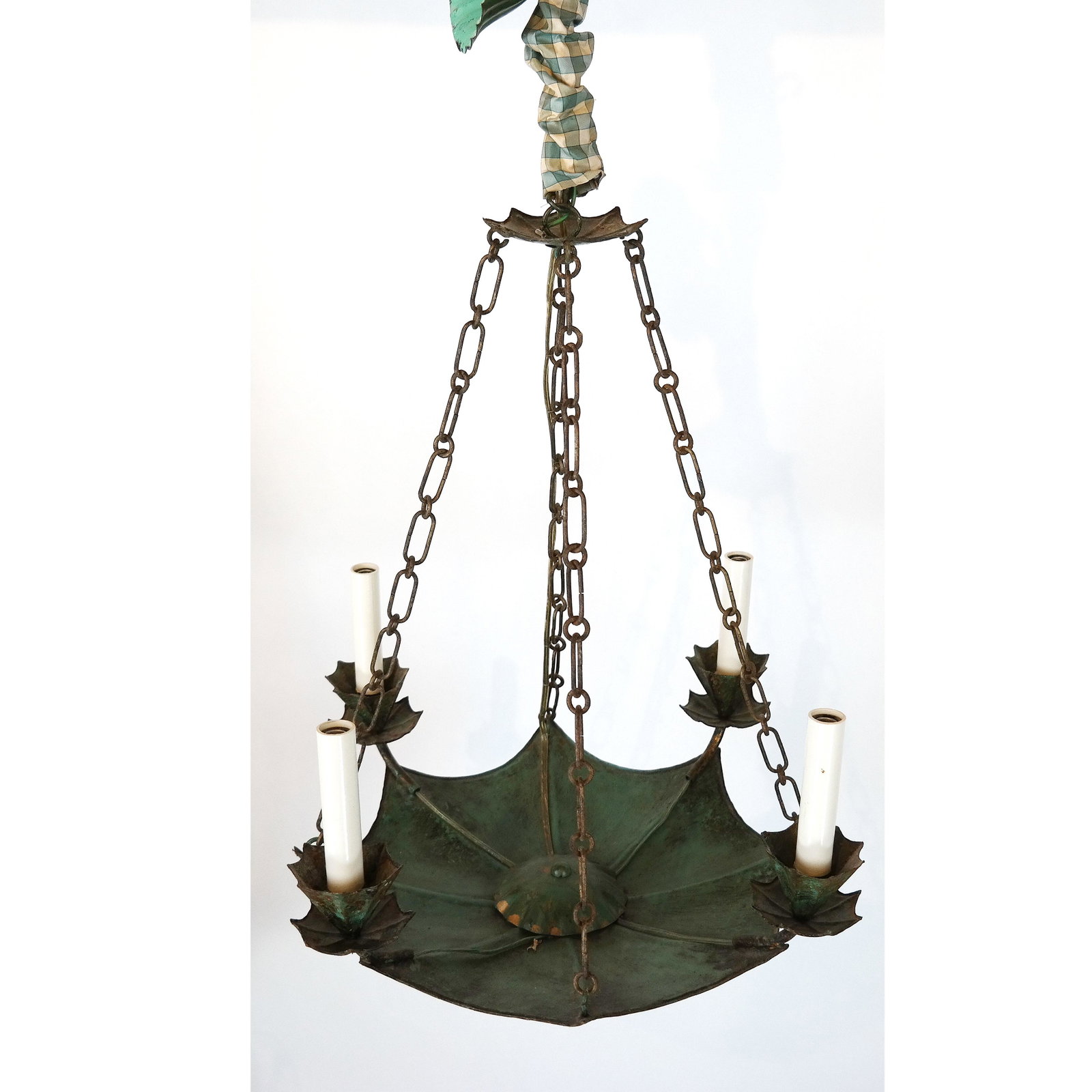 Tole Umbrella Asian-Style Fixture: Tole umbrella Asian-style fixture. [9 1/2" H x 18 1/4" Diam. (shade only)].