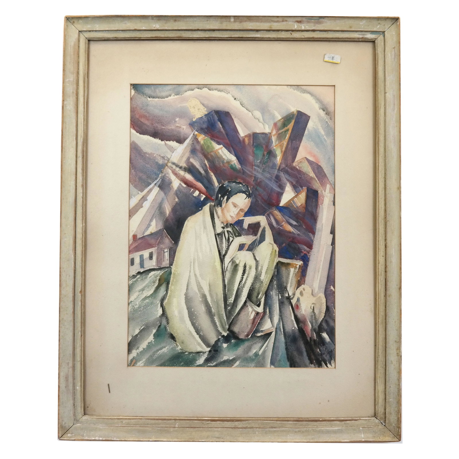William SANGER: W/C Painting: Art Deco-style painting of a seated figure with city in ruins in the background, signed lower right. [Art: 20" H x 14" W; Frame: 30" H x 24" W].