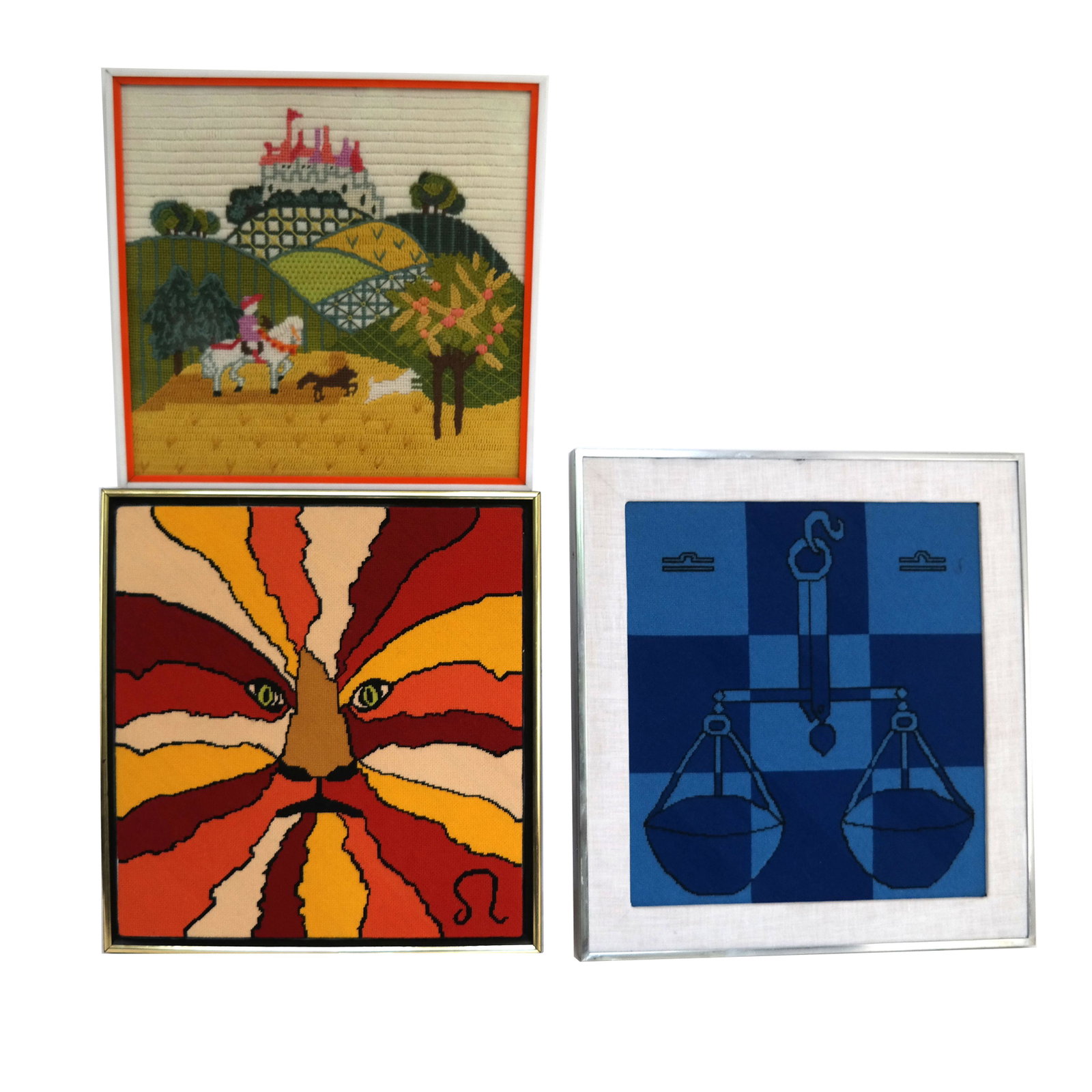 Three Needlepoint Pictures: Three needlepoints, depicting a lion, a farm and scales. [Largest: 19" H x 18" W].
