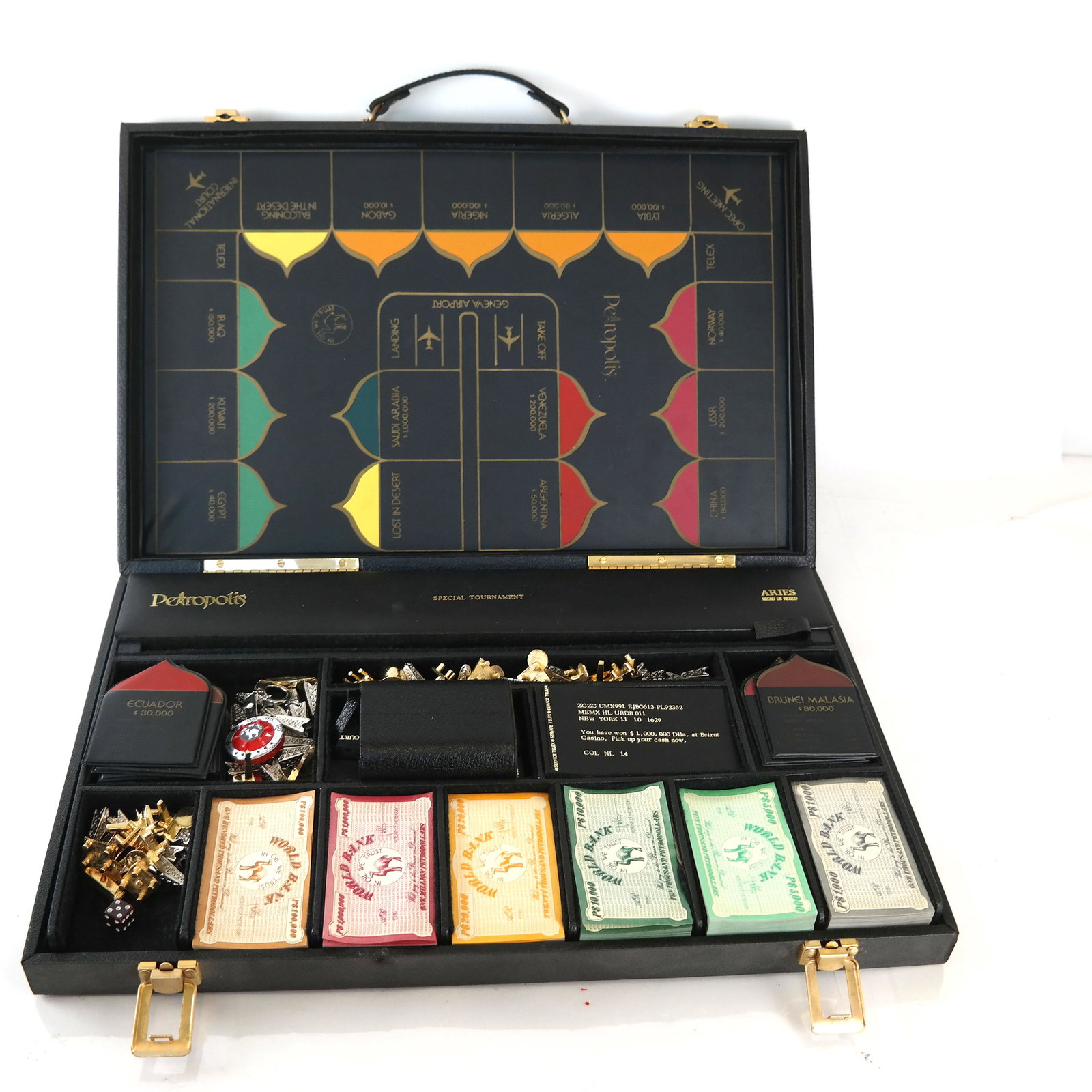 Oil Baron Edition of a Real Estate Game: Monopoly-style board game featuring oil-producing countries as properties. "In Oil We Trust". In good condition.