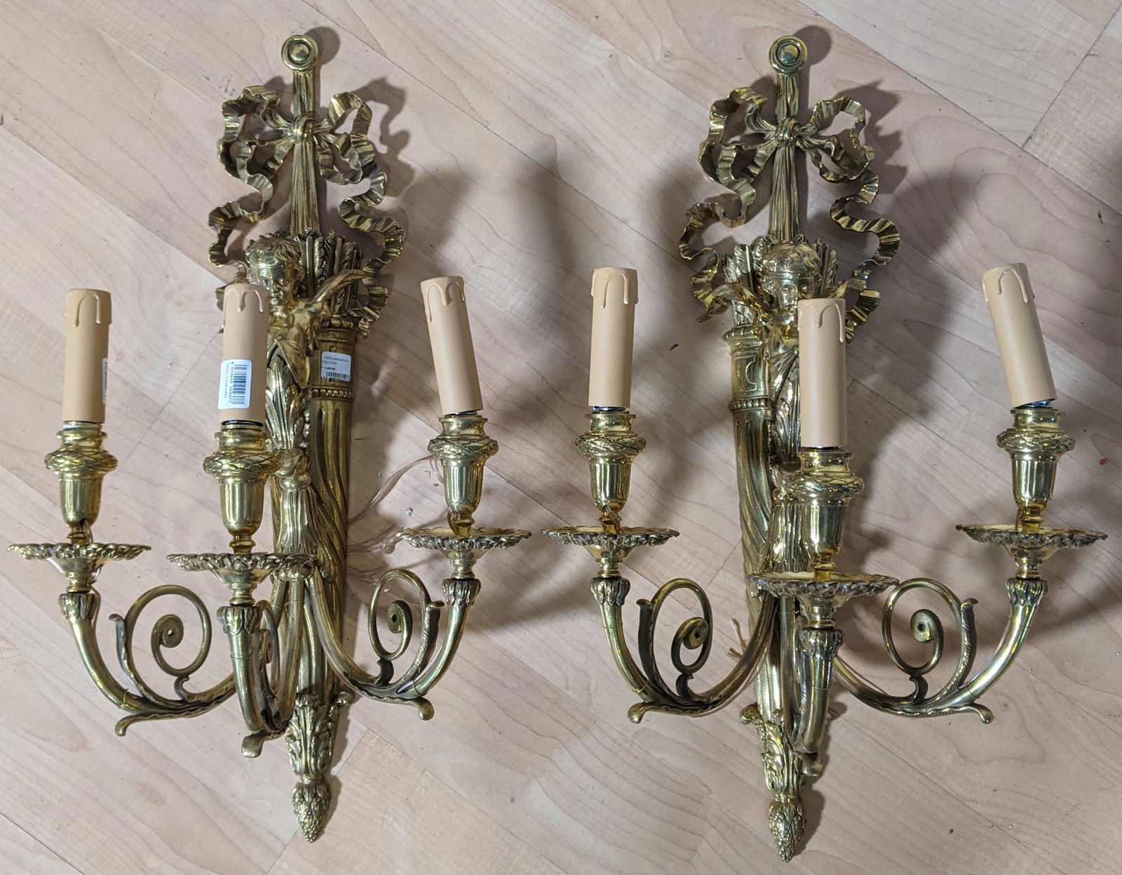 Pair French 20th C Winged Cherub Bronze Sconces (1 of 7)