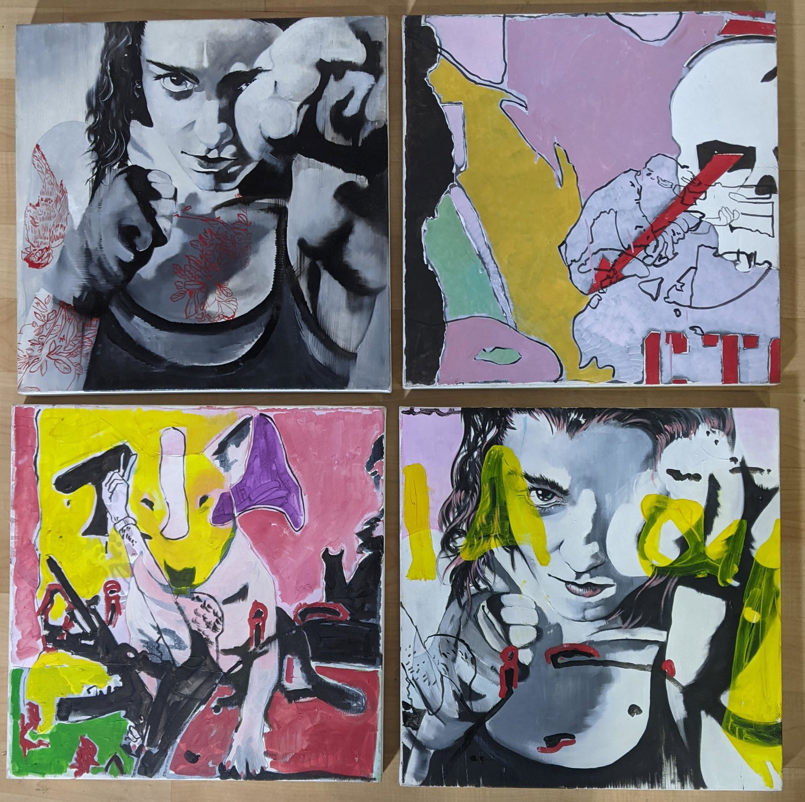 Set of 4 O/C Paintings by Lidia Bachis - Various Titles: Set 4 Oil Paintings on canvas Lidia Bachis Boxers Various Titles Boxer, Carnival Yakuza. Not framed. Size: 19 ½Â” x 19 ½Â”.
