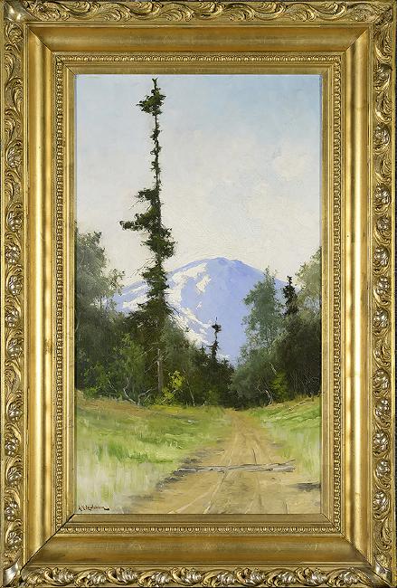 Alpine Landscape: Arvid Mauritz Lindstrom. A Landscape of a dirt road leading through a grassy landscape to a forest. A mountain overlooks the forest with a blue sky capping off this beautiful scene. The tree at the ce