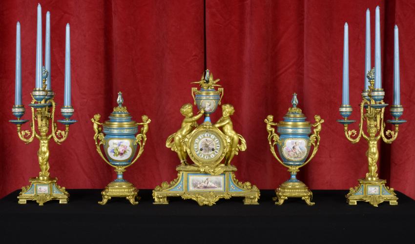 French Dore Bronze & Sevres 5-Pc Clock Set (1 of 11)