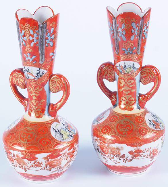 Antique Japanese Satsuma Vases: A pair of Antique Japanese Satsuma Porcelain Vases. Circa the late Meiji Period (1890-1910). Signed by the maker and in good condition. The delicately fashioned detail into the shape of the vase are n