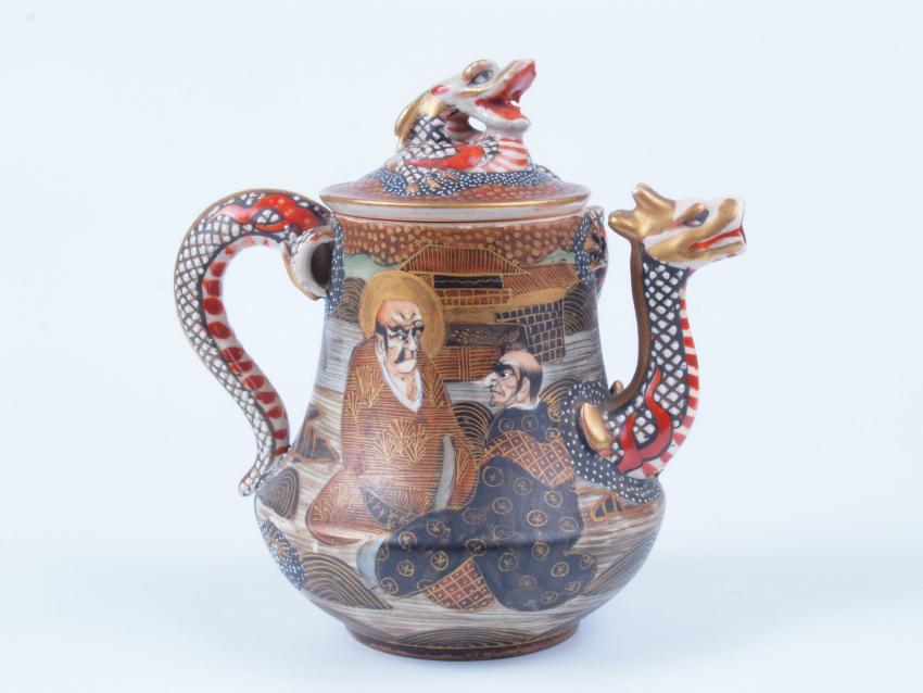 Antique Satsuma Dragon Pot: An ornate antique Japanese Porcelain Satsuma pot good for holding tea, milk, coffee, sake if you should choose, or whatever you would like. Circa 1890-1910, the Late Meiji Period. signed by the maker