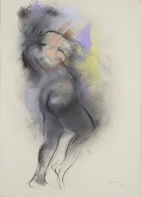 Nude Female BY Giuseppe Ajmone: The nude female form in a very beautiful state. The artist accentuates the model's curves and adds touches of color to this unique painting. Signed and dated by the artist. Giuseppe Ajmone