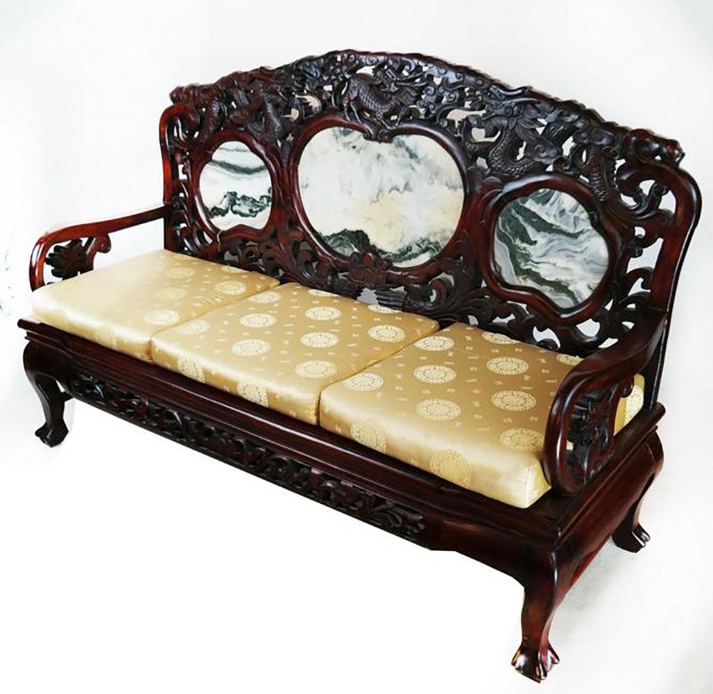 Chinese Ornate Marble Inset Settee (1 of 13)
