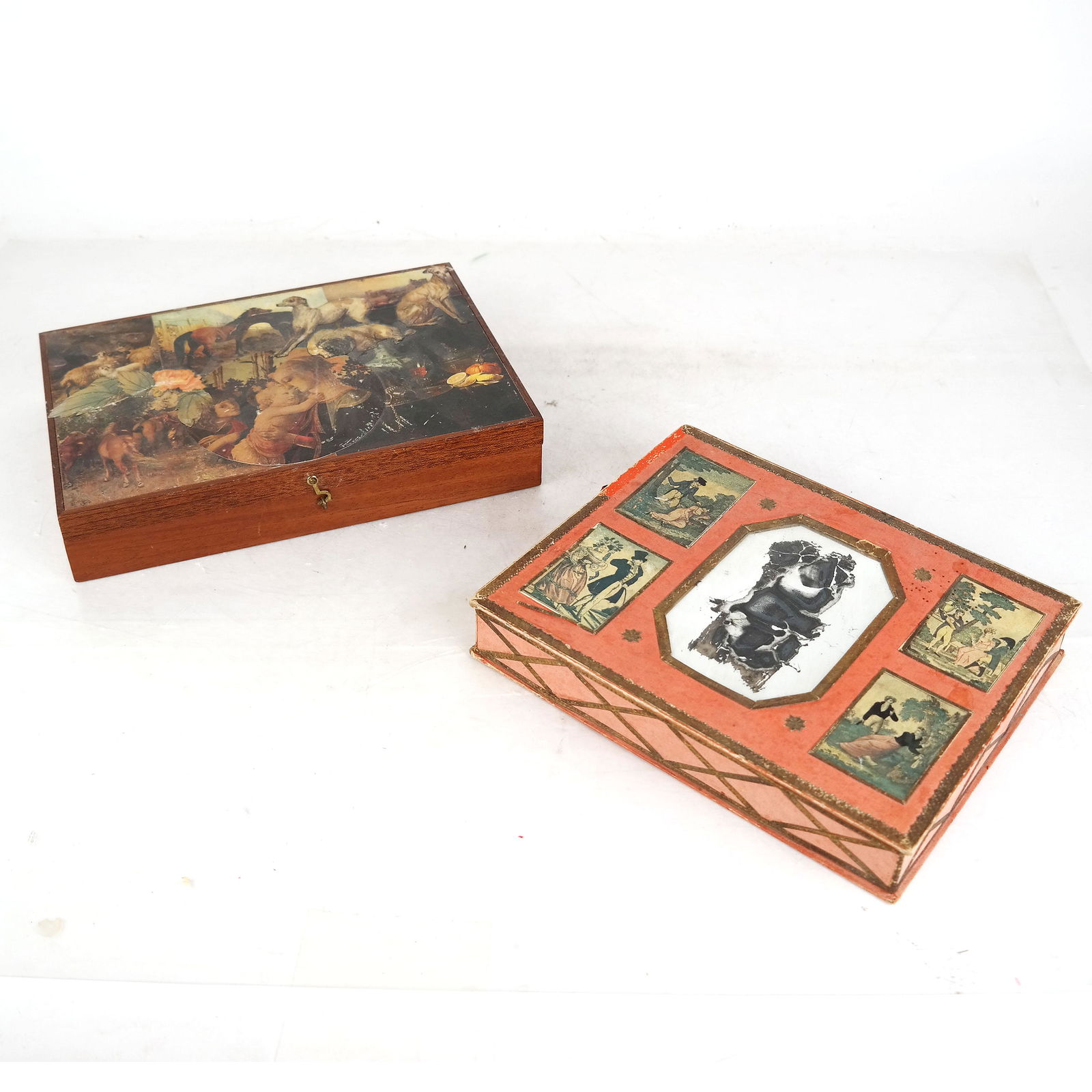 Two Decoupage Cigar Boxes: Two decoupage cigar boxes. Provenance: From the Upper East Side estate of a prominent NYC interior decorator.