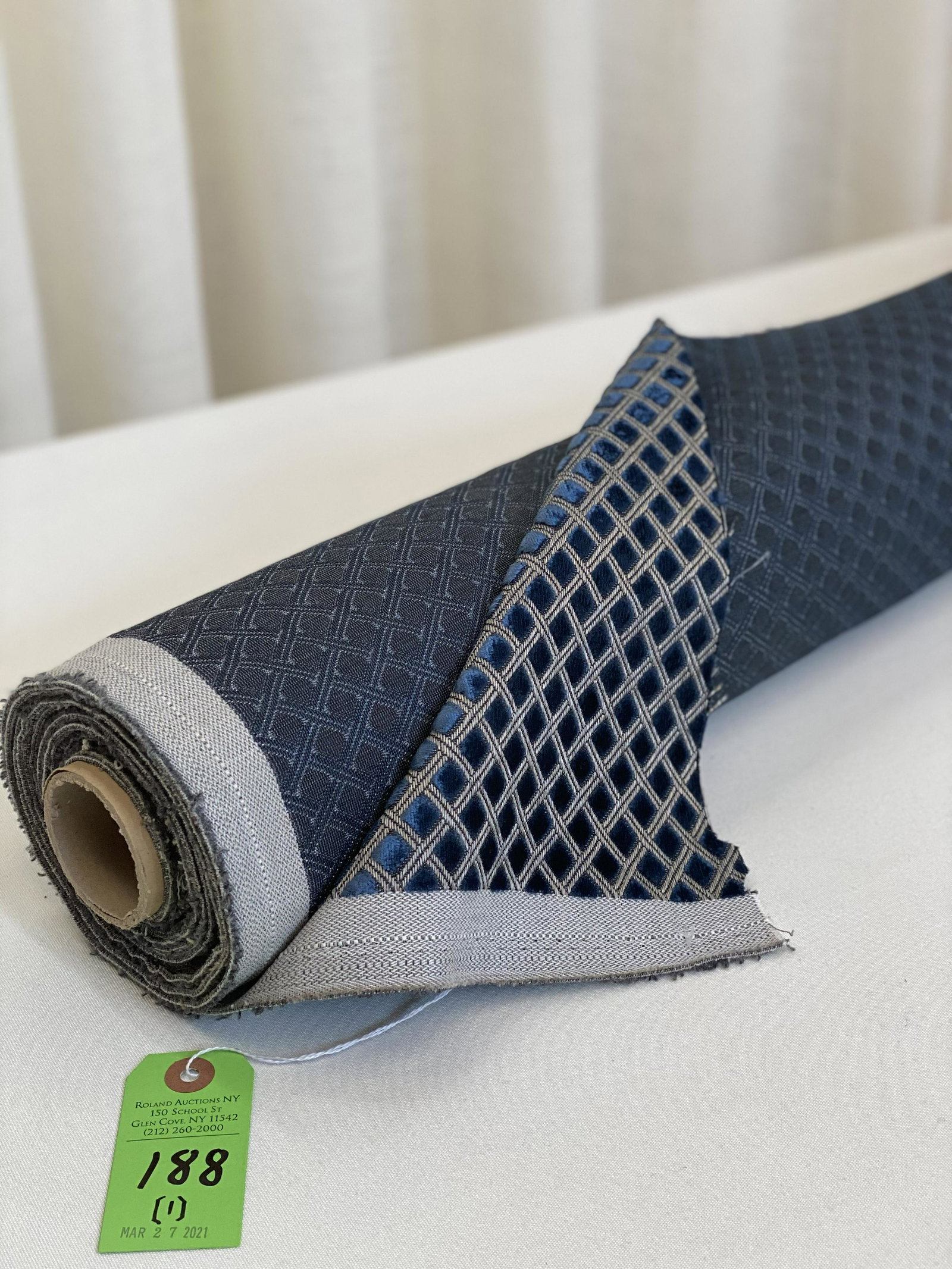 JAB/Anstoetz Hospitality Velvet Fabric: 11 1/2 yards of JAB/Anstoetz navy on beige cut and voided mini diamond synthetic velvet, called "Assisi", 57" wide. The hospitality upholstery jacquard textile has a beige lattice that surrounds the c