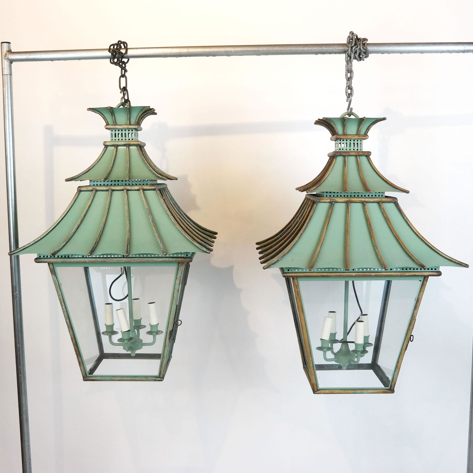 Pair Parcel Gilt Green Painted Metal Lanterns (1 of 17)