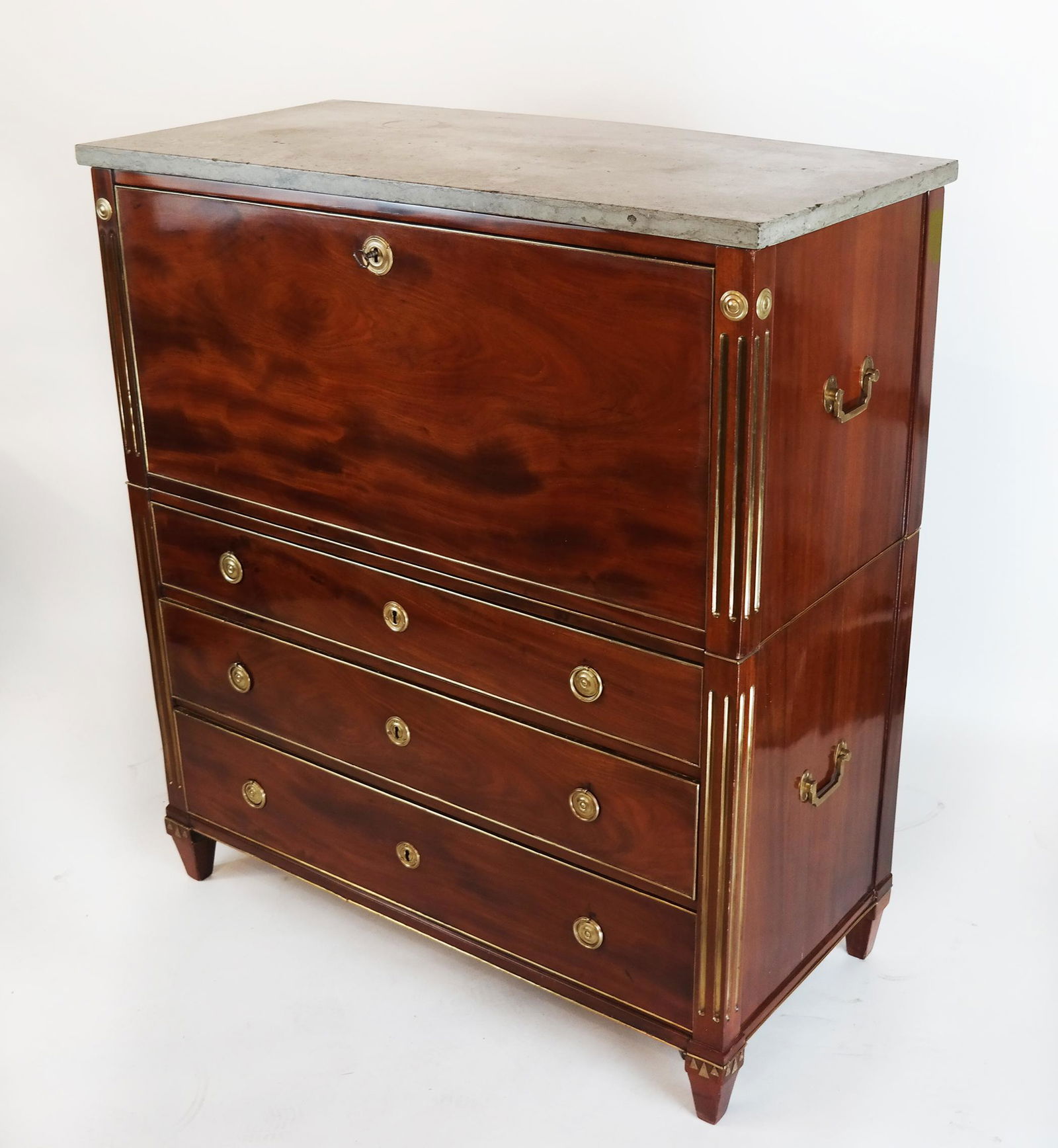 Late 18th-19th Century Fall Front Secretary: Swedish or Russian antique marble top on two-part brass mounted case piece. Fall front to interior drawers and door desk. Base with three drawers and brass inset flutes. Provenance: Purchased from Eve