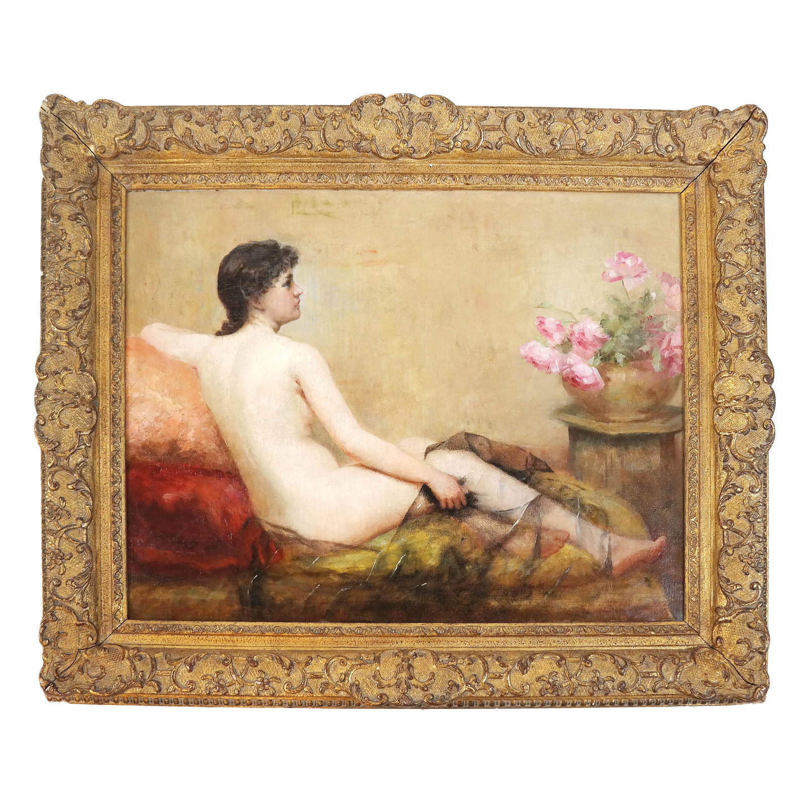 19th C. School: Reclining Female Nude - Painting: Unsigned 19th century oil on canvas painting of reclining female nude from the back, on a divan with flowers. [Art: 20" H x 26" W; Frame: 29" H x 35" W]. In good condition; relined.