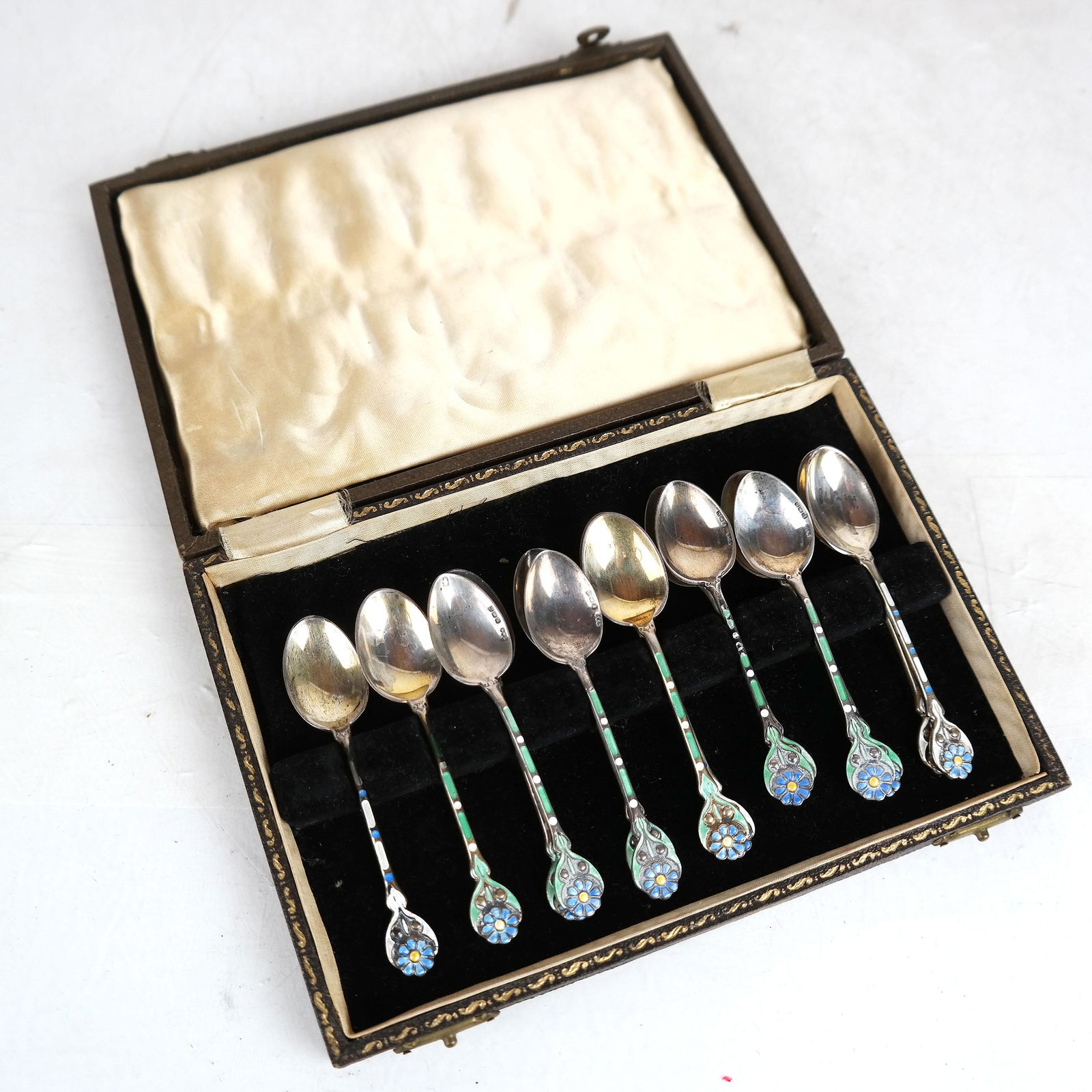 Set of 14 English Silver Enameled Demitasse Spoons (1 of 6)