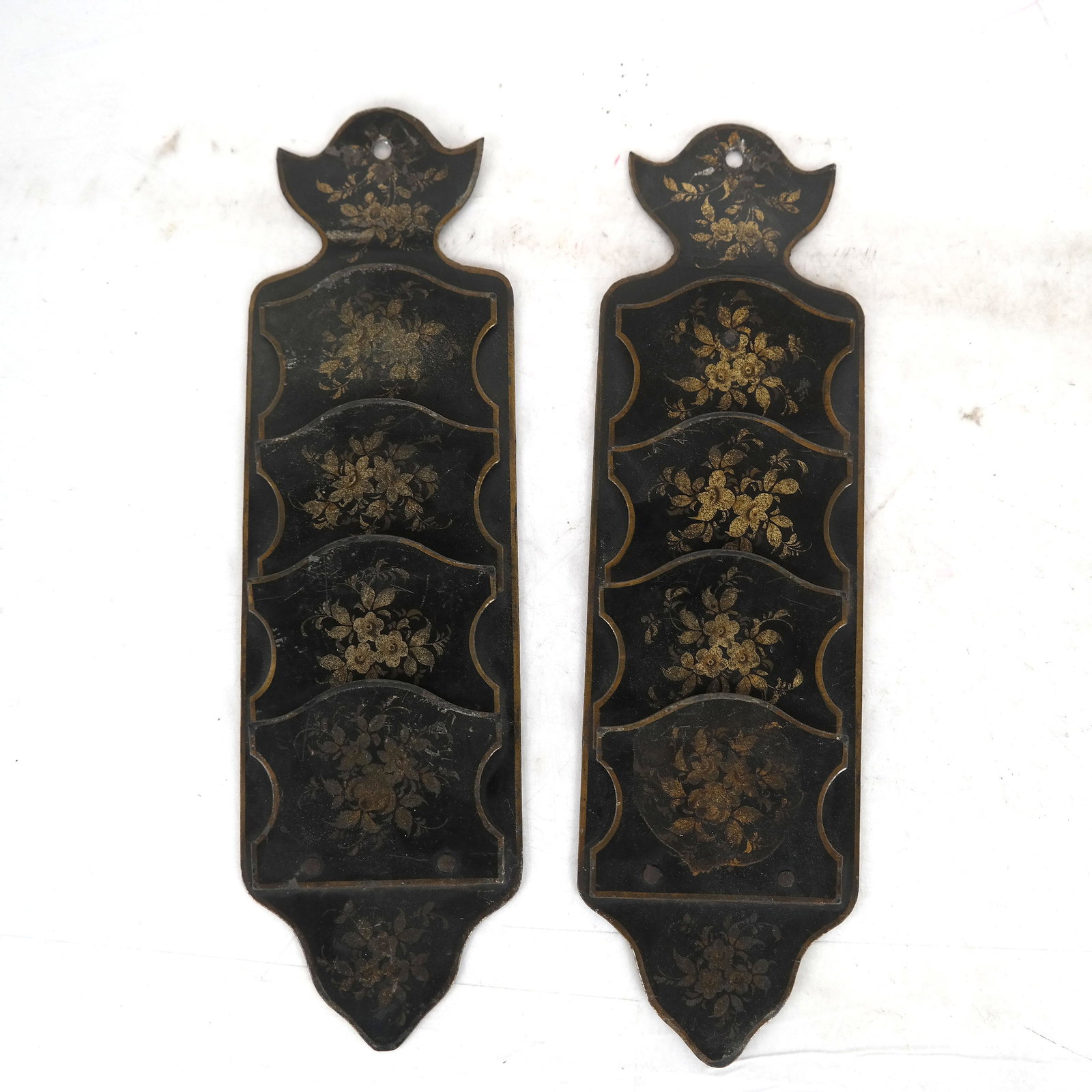 Pair of Tole Wall Letter Holders: Pair of tole wall letter holders. Provenance: From the Upper East Side estate of a prominent NYC interior decorator. [11 1/2" H x 3 1/4" W]. In worn condition.