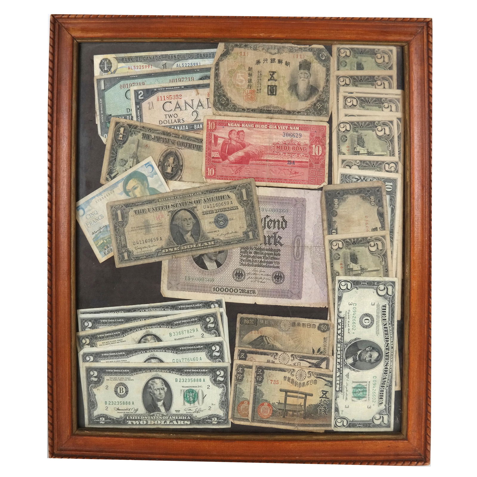 Framed Lot Circulated U.S. & Foreign Paper Money (1 of 7)