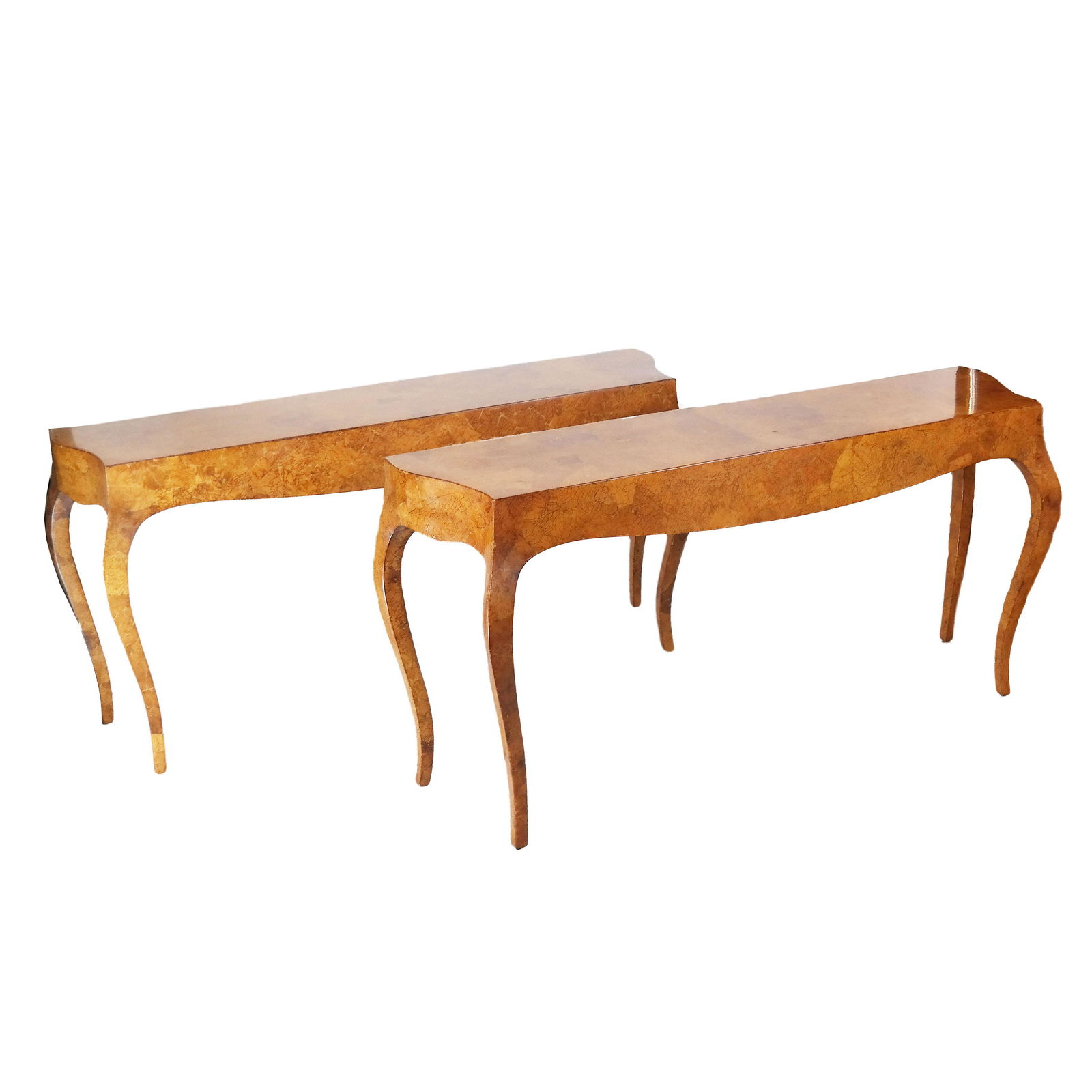 Pair of Burl Veneered Console Tables: Pair of Italian 20th century burl veneered consoles, on cabriole legs. Marked "Made in Colombia", by Jimeco Ltd. [30" H x 65" W x 15" D].
