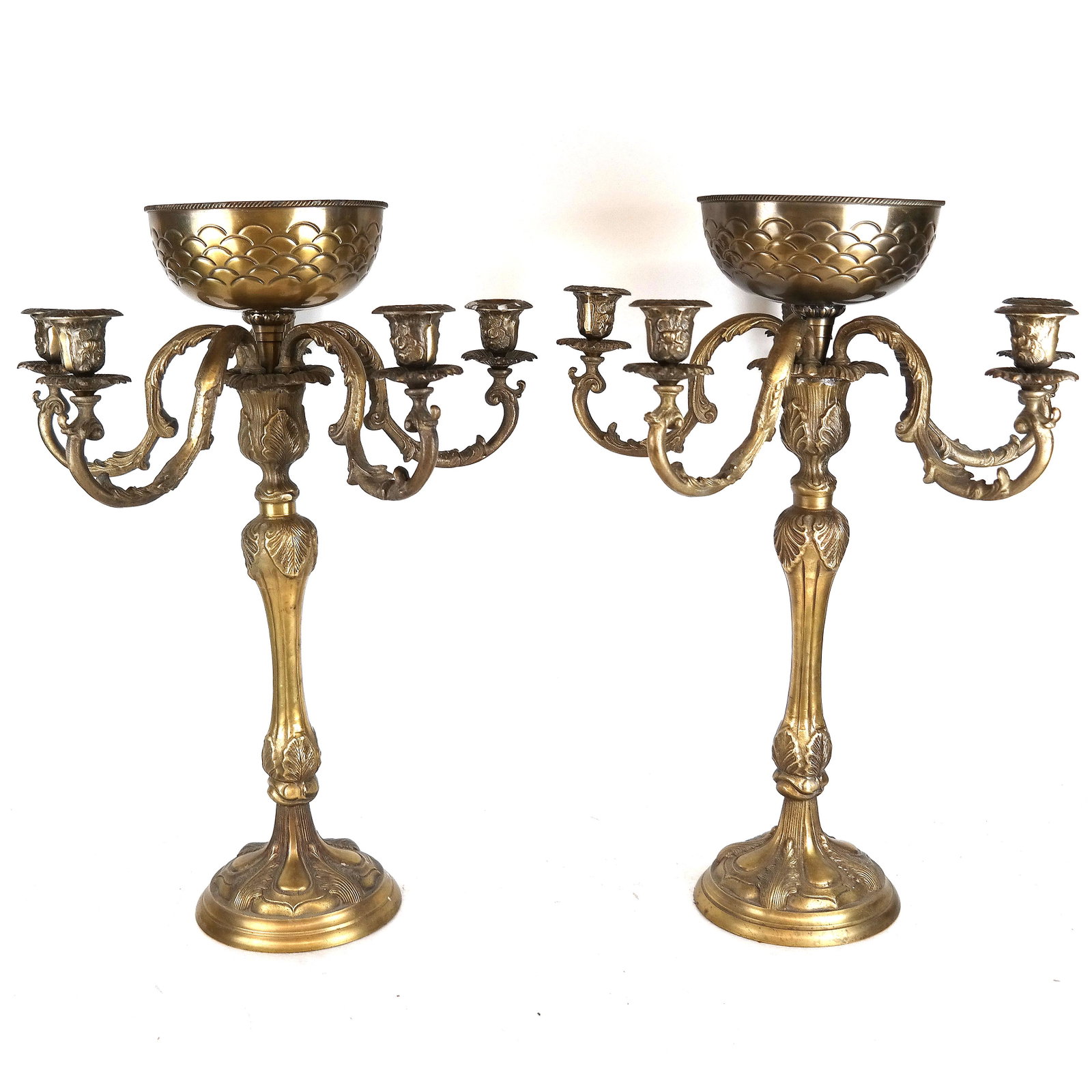 Pair of Brass Candelabra: Pair of five-light candelabra, each with a center bowl, made in India, late 20th century. [25" H x 19" Diam.].