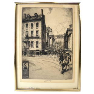 C.F.W. MIELATZ: "Whitehall St." - Etching: Charles Frederick William Mielatz (German/American, 1864 - 1919) etching titled "Whitehall Street 1909", signed in the plate and in pencil. Mielatz spent most of his career in the United States and st