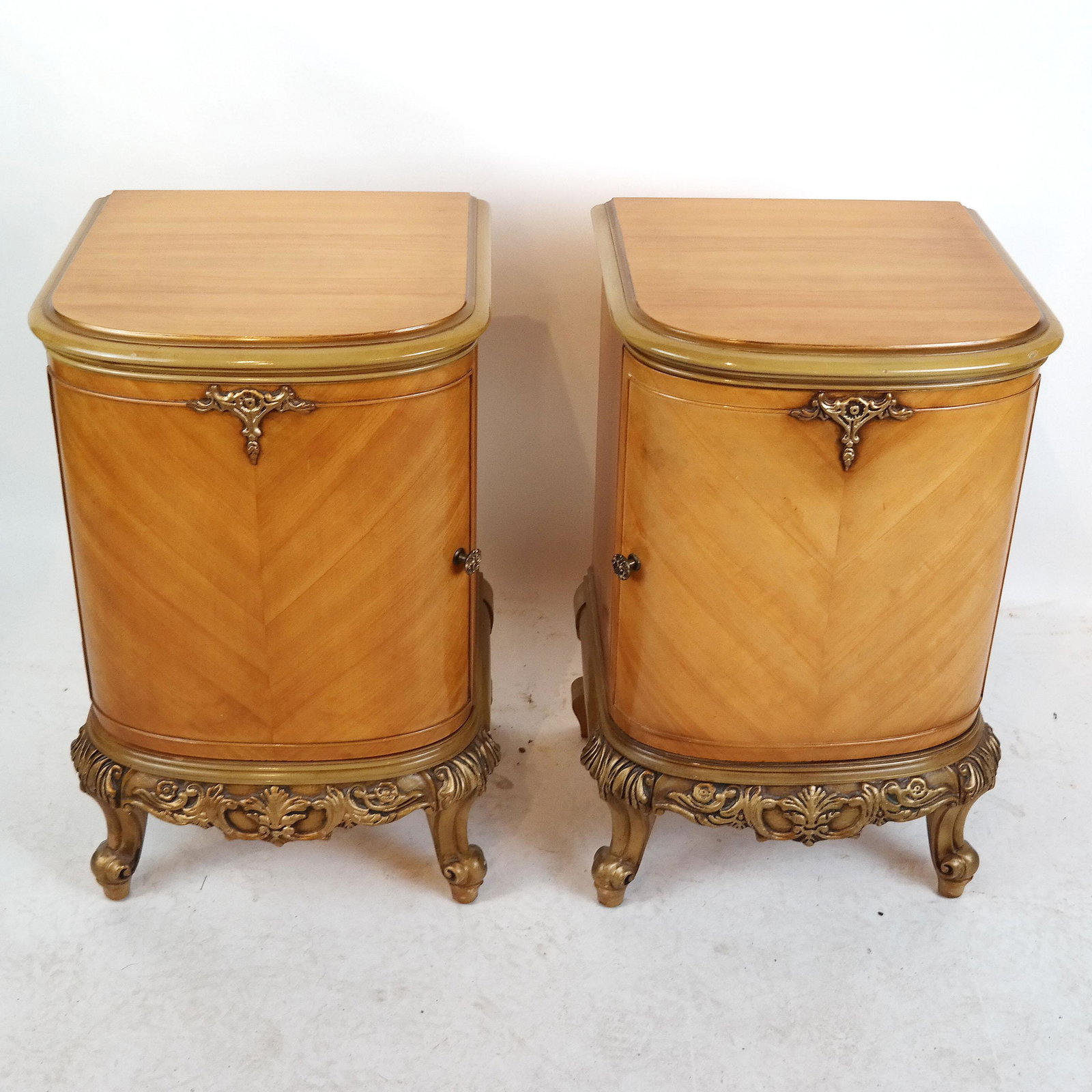Pair Blond Mahogany Stands: Pair of blond mahogany stands, opposing doors, en suite with Lot #117. [27" H x 16 1/2" W x 16" D].