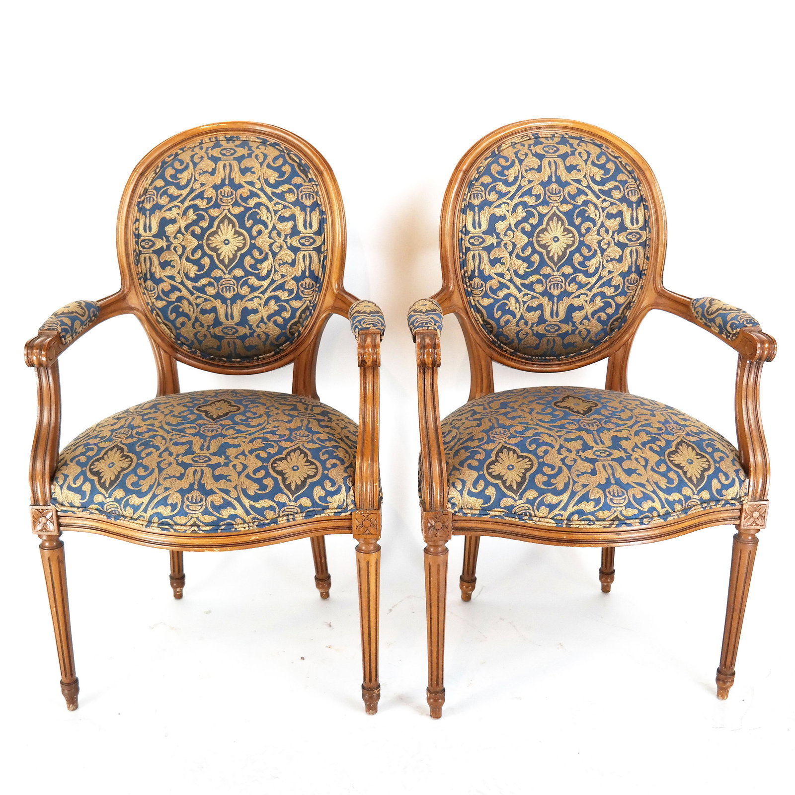 Pair Louis XVI-Style Arm Chairs: Pair of Louis XVI-style arm chairs. [41 1/4" H x 24" W x 22" D; 19 1/2" to seat].