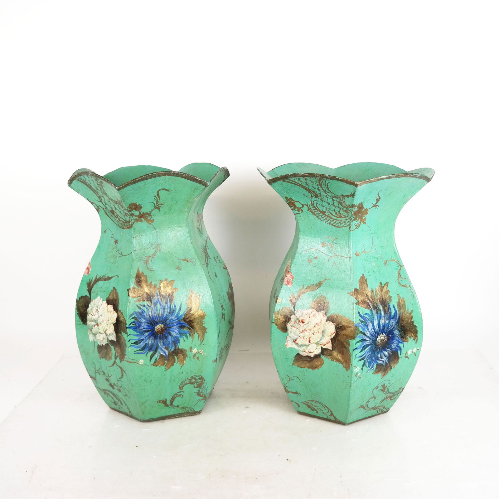 Pair Green Cardboard Vases: Pair of green floral paint decorated vases, cardboard or papier mache. Provenance: From the Upper East Side estate of a prominent NYC interior decorator. [14" H x 9 1/2" Diam.]. Both in good condition