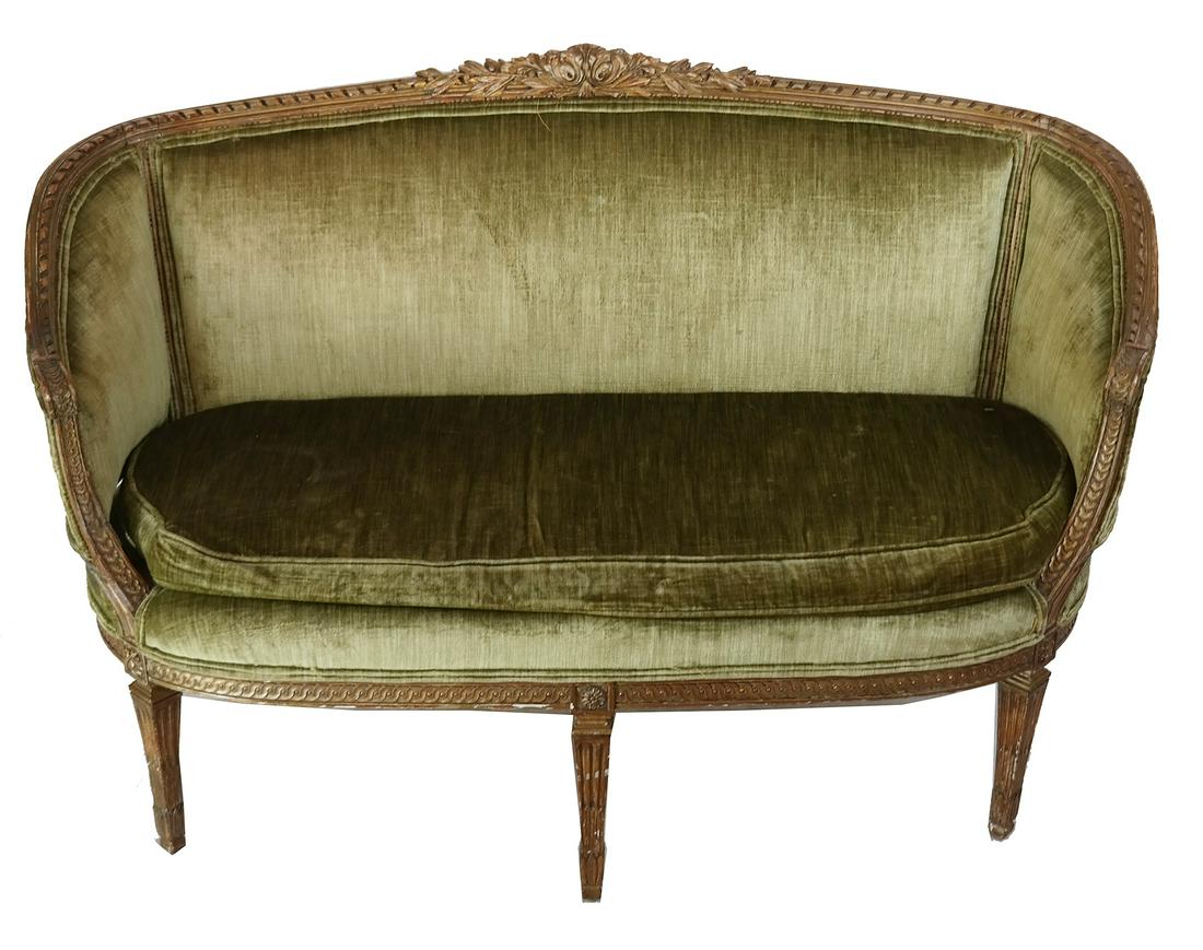 French Carved Green Upholstered Settee (1 of 7)