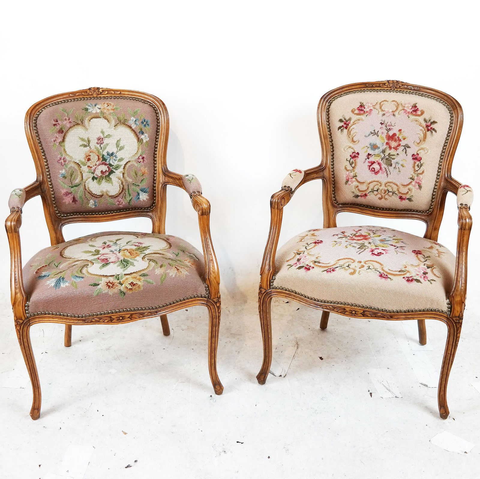 Pair French Walnut Needlepoint Arm Chairs (1 of 9)