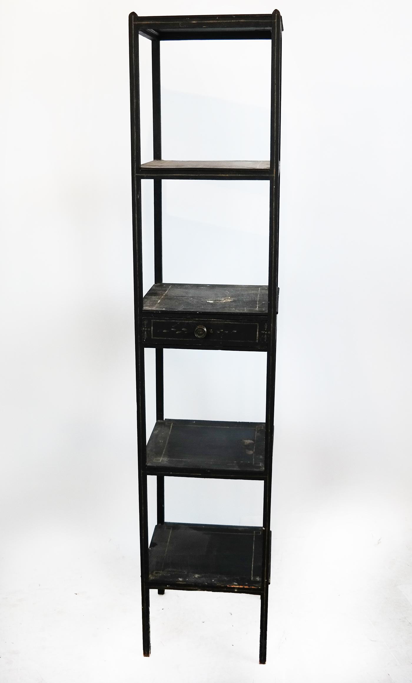 19th C. Painted 4-Tier Wood Etagere: 19th century painted 4-tier wood etagere. [60" H x 22" W x 12" D]. Drawer swollen, will not open.