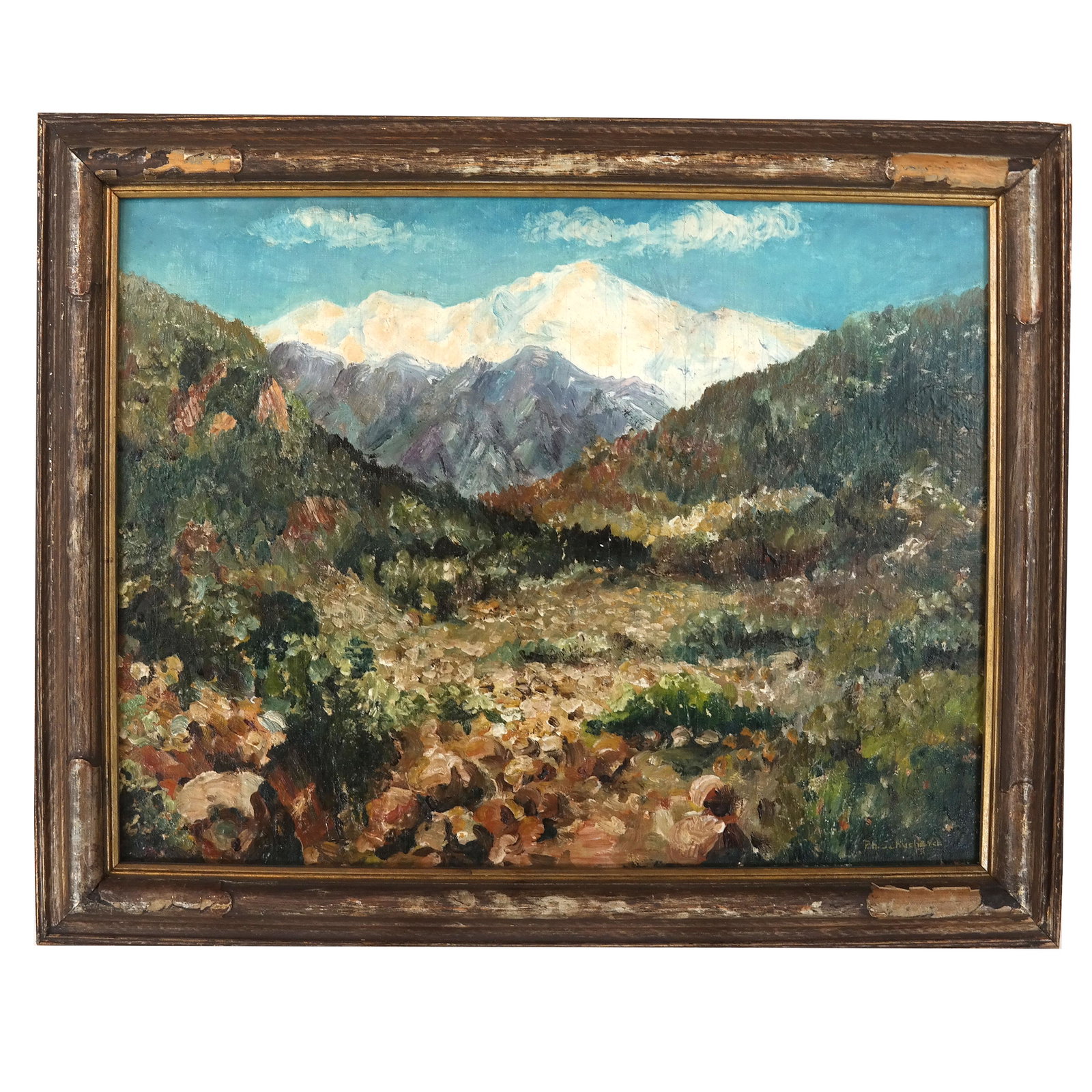P.H. SCHUCHARD: Landscape - Oil Painting: Oil on board painting of a landscape with mountains, signed lower right. [14 1/2" H x 19" W; Frame: 19" H x 23" W]. In good condition.