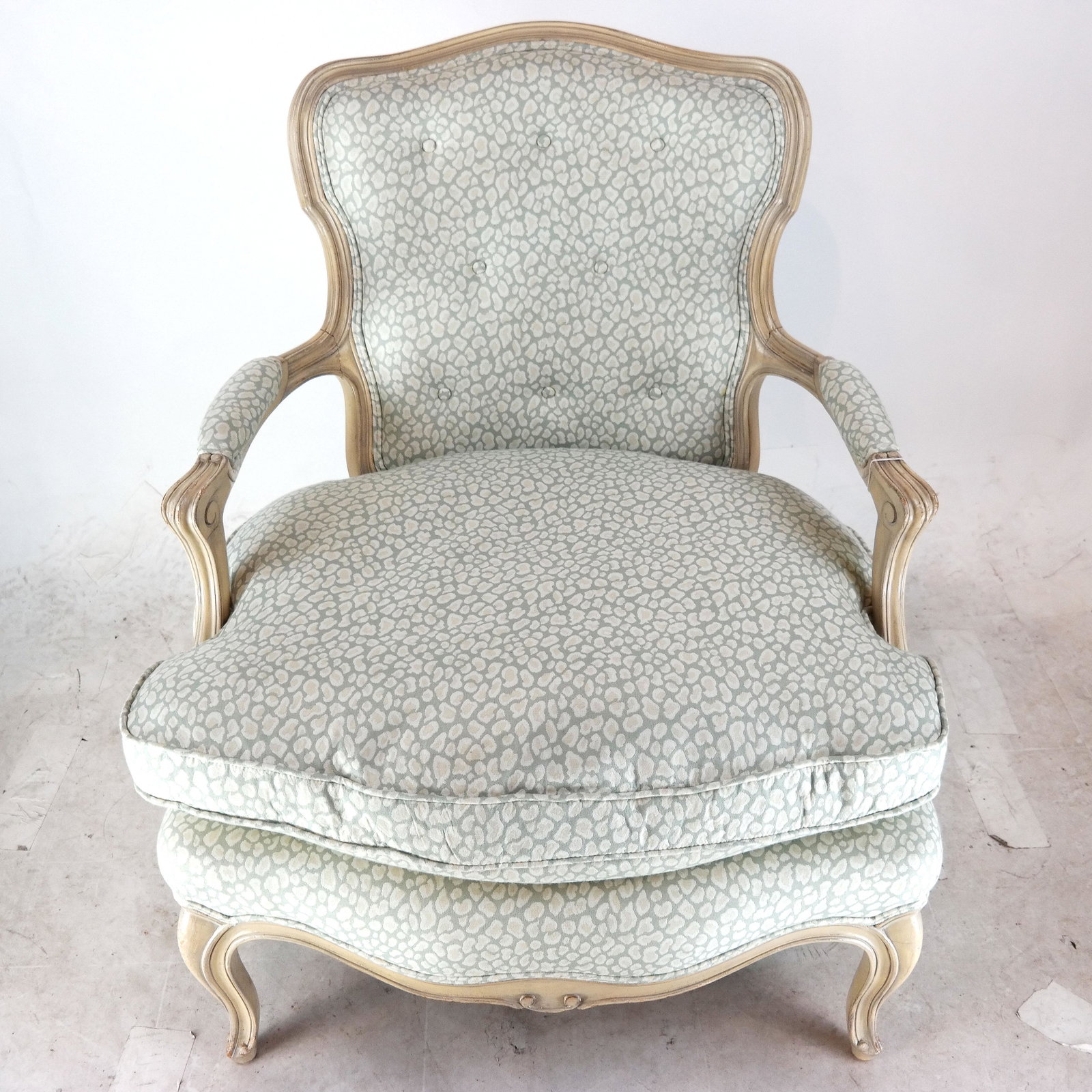 Louis XV-Style Open Arm Chair: Louis XV-style cream wood frame upholsterd arm chair. [37" H x 30" W x 26" D; 20" to seat].