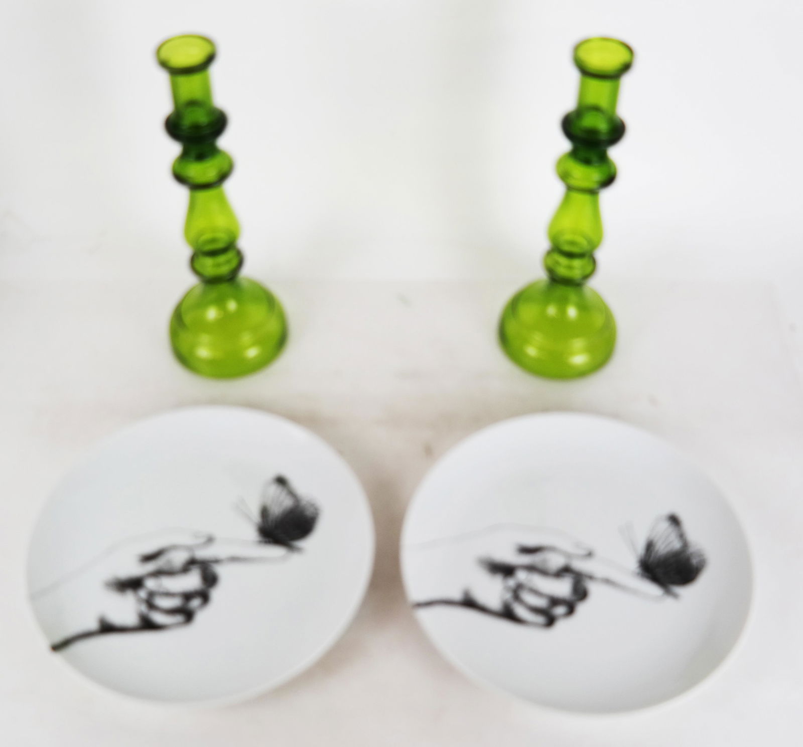 Pair Green Glass Candlesticks; Two Plates (1 of 9)