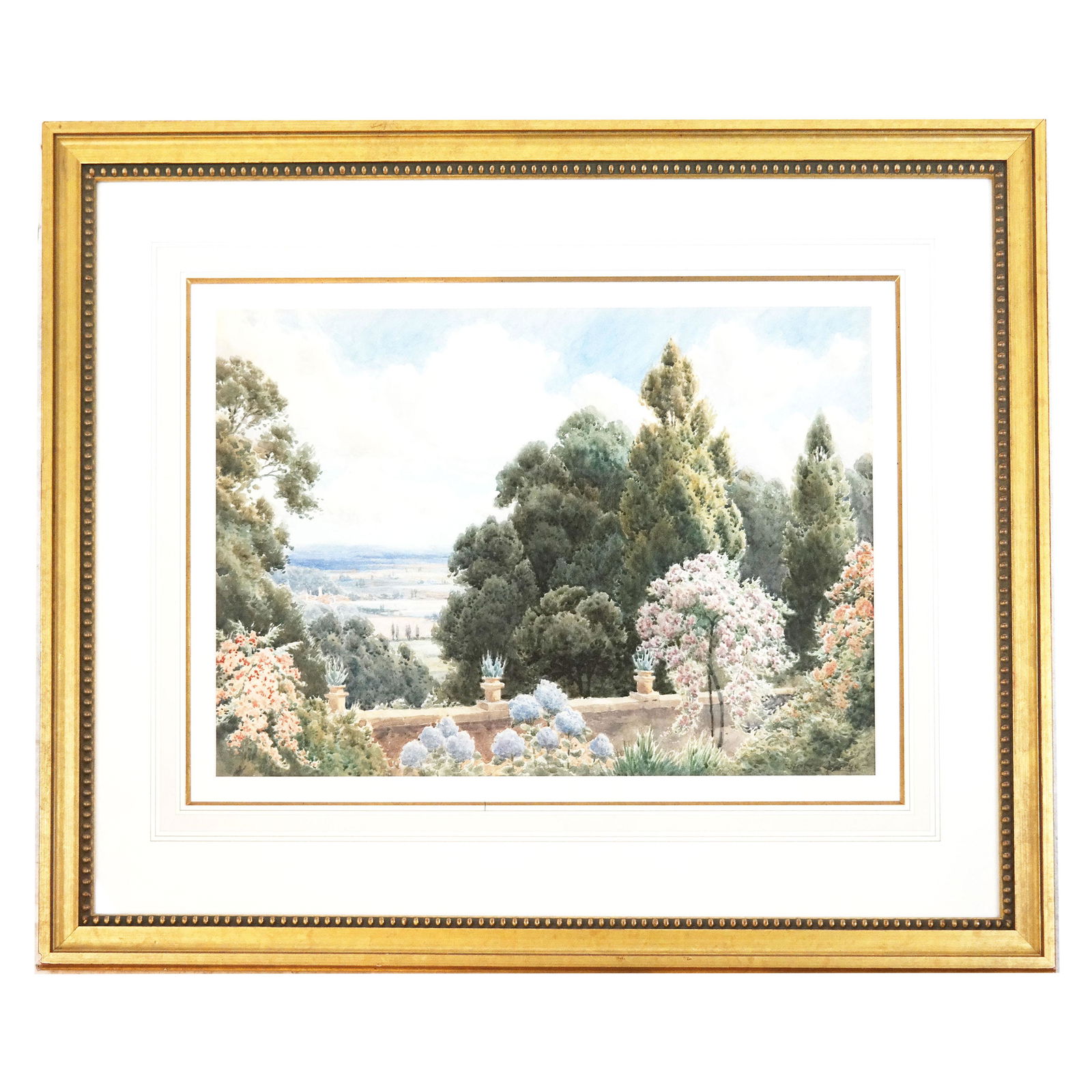 Herbert GEORGE: "Garden Terrace" - W/C Painting: Watercolor on paper painting of a garden terrace, by Herbert George, bearing Christopher Wood Gallery label verso. [Art: 13 1/2" H x 20" W; Frame: 25 1/2" H x 31" W]. In good condition.